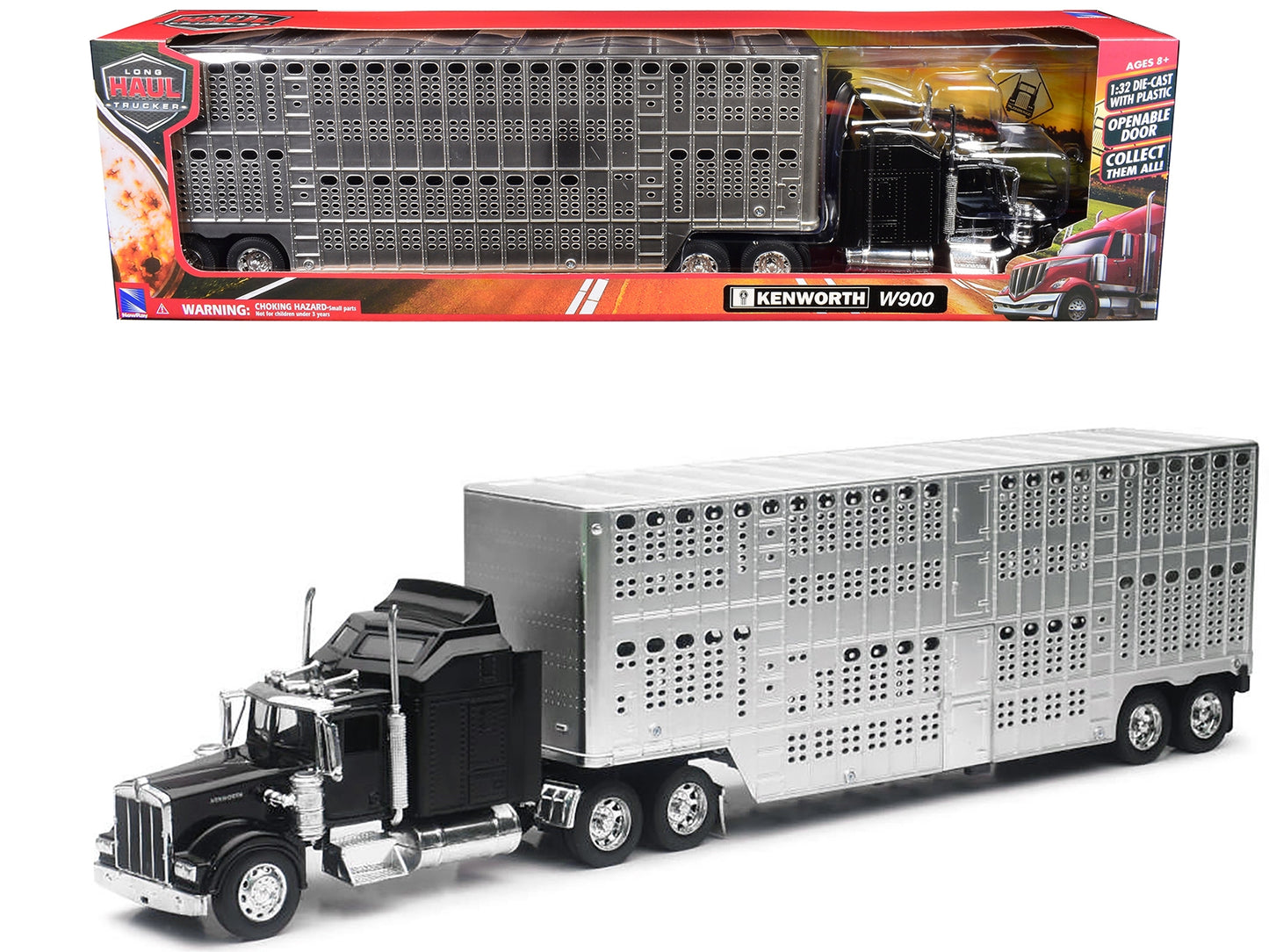 Black Kenworth W900 truck diecast model by New Ray, featuring chrome accents and detailed livestock trailer, 1/32 scale.