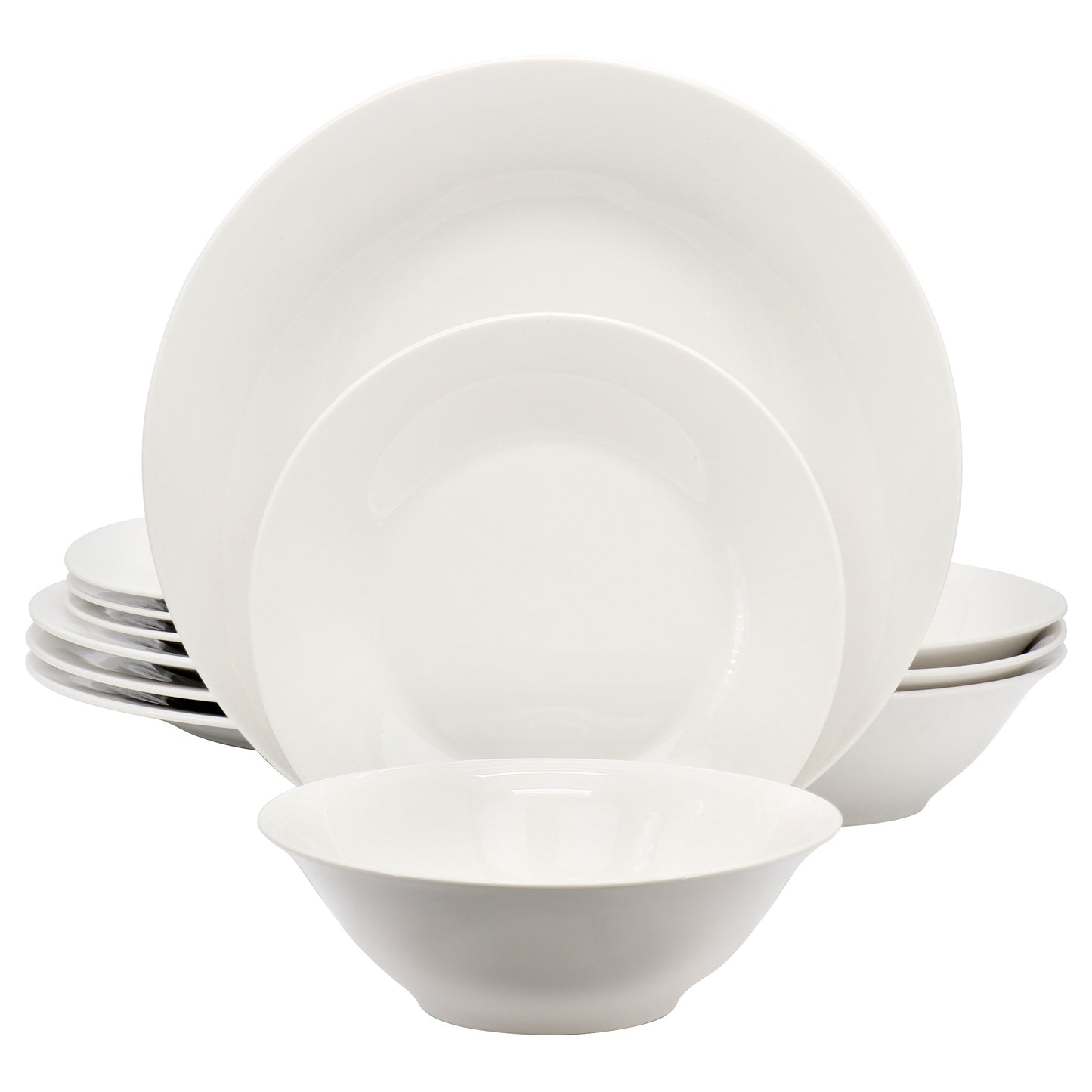 Gibson Home 12-piece white ceramic dinnerware set with round plates and bowls for everyday use.