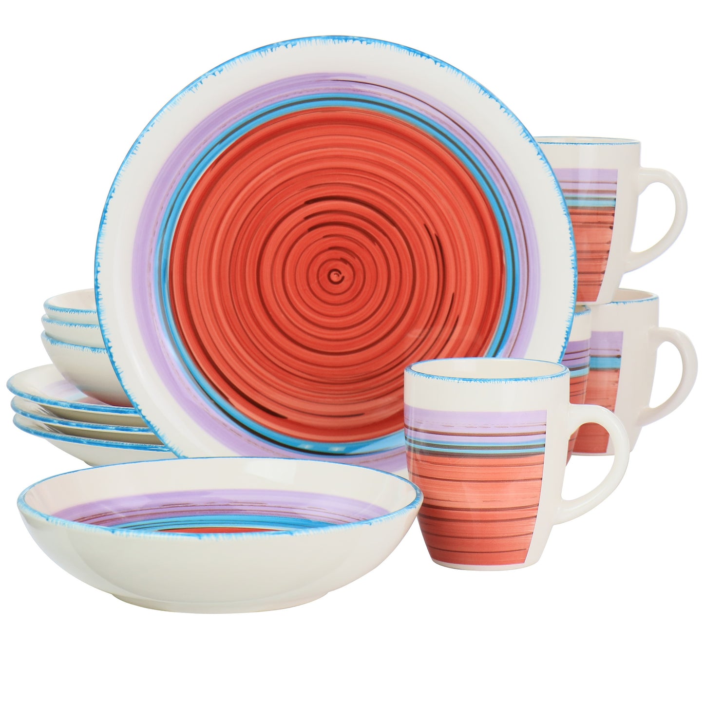 Gibson Home Richvale 12-piece round Durastone dinnerware set with red plates and bowls, stylish and durable for everyday use.