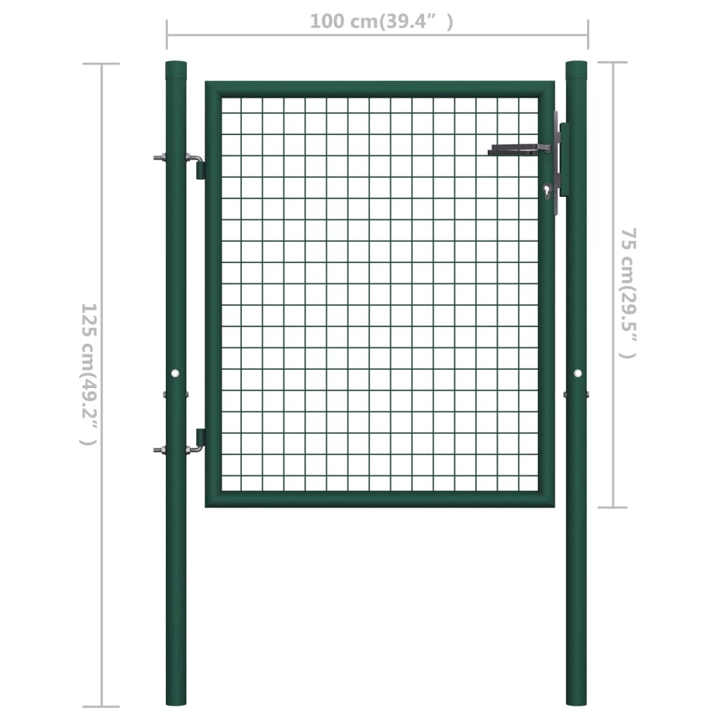 Green steel fence gate measuring 39.4x29.5 inches from American Smart, showing sturdy metal construction and secure latch.
