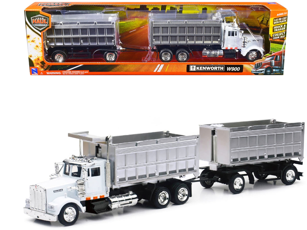 Kenworth W900 dump truck diecast model by New Ray, white and chrome twin dump bodies, Long Haul Trucker series 1/43 scale