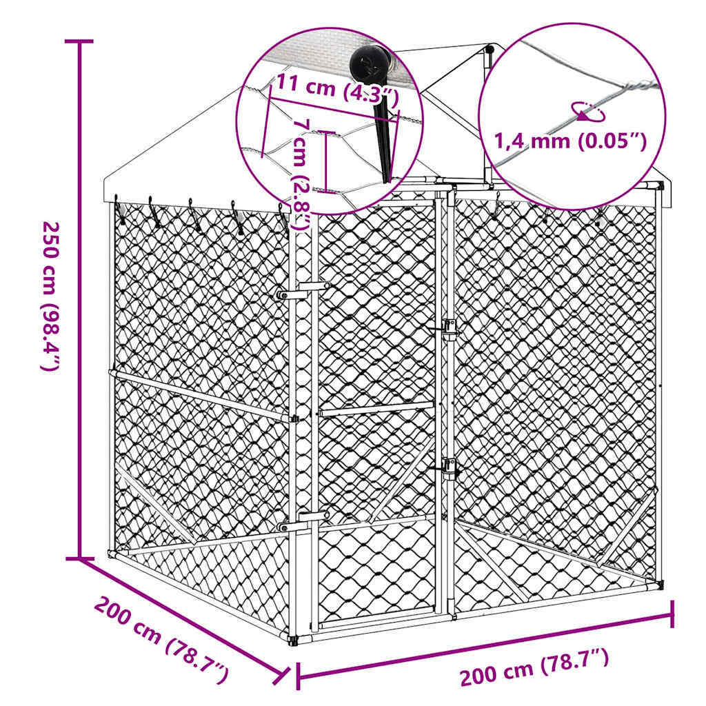 Outdoor dog kennel with silver roof, 6.6x6.6x8.2 feet, made of galvanized steel for durable dog shelter.