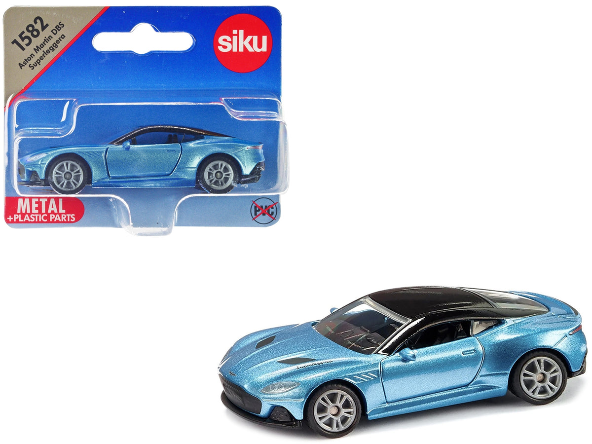 Blue metallic Aston Martin DBS Superleggera diecast model car by SIKU with black roof, detailed miniature replica.