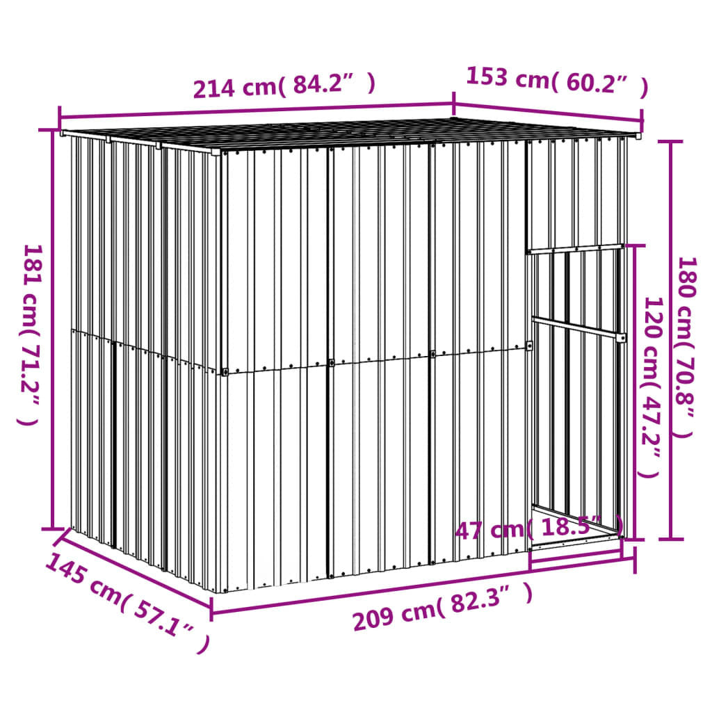 Gray galvanized steel dog house with roof, measuring 84.3 x 60.2 x 71.3 inches, designed for pet shelter and outdoor use.