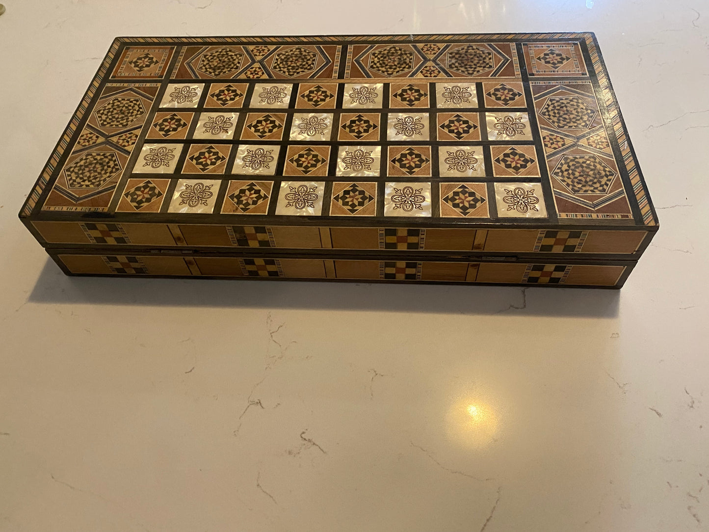 Vintage Mosaic Wooden Inlaid Marquetry Box Backgammon Set