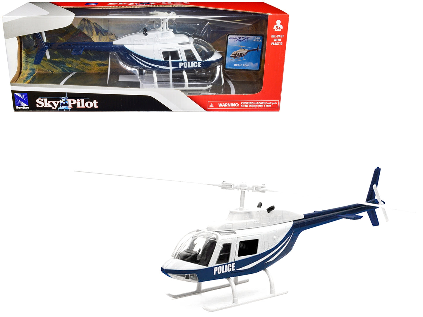 Dark blue and white Bell 206 helicopter diecast model by New Ray, featuring "Police" and "Sky Pilot" markings.