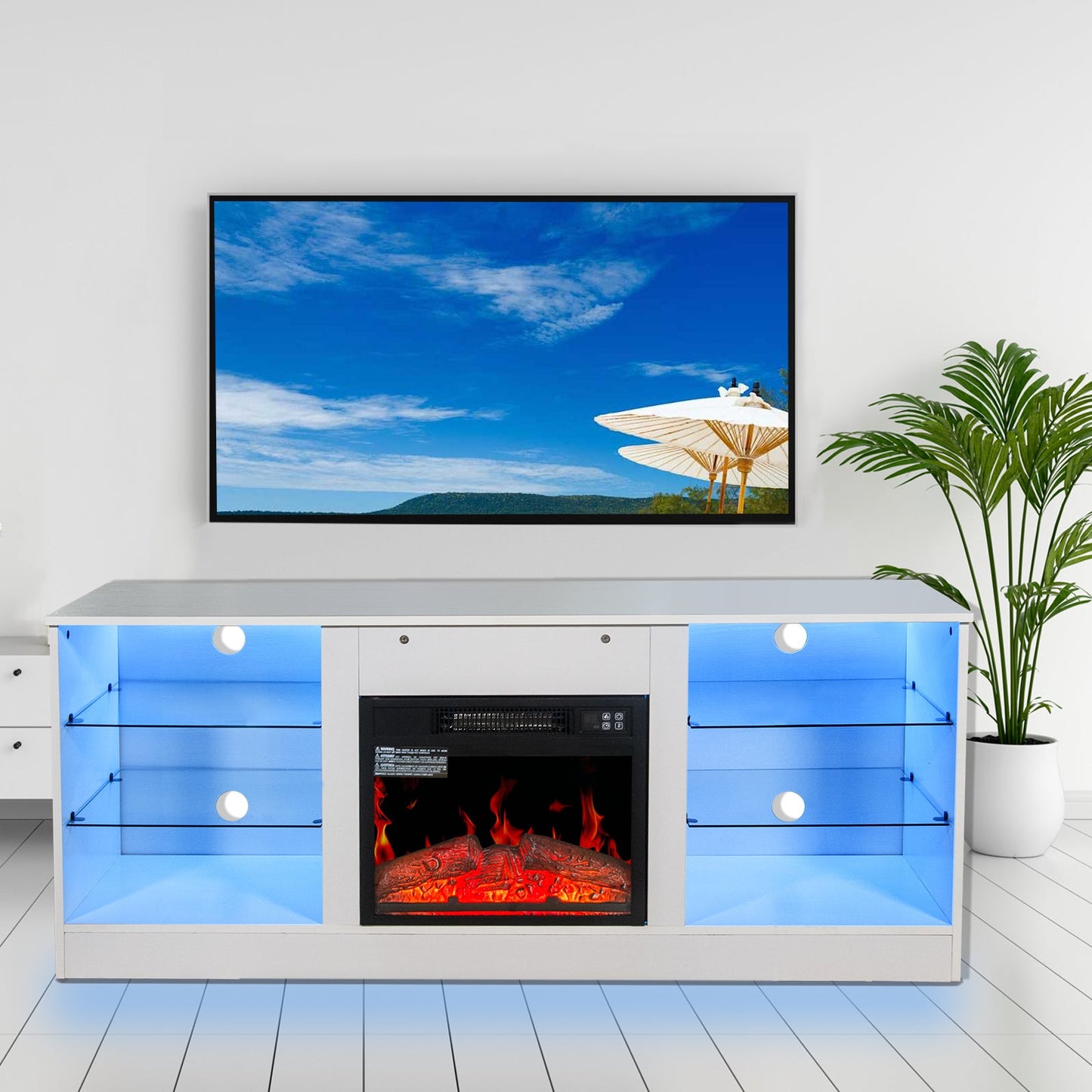 Fireplace TV Stand With 18 Inch Electric Fireplace Heater,Modern Entertainment Center for TVs up to 62 Inch With Adjustable Glass Shelves and Storage Cabinets ( White )