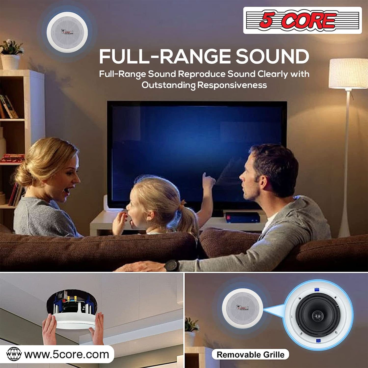 5Core Ceiling Speaker 6.5 Inch In Wall 2 Way Home Audio Mount 60W Sound System-4