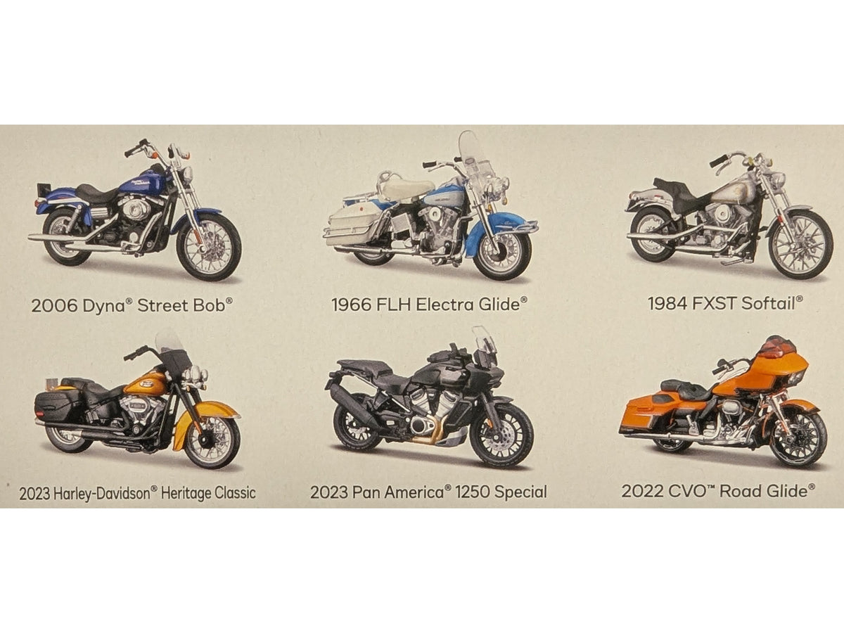 Six Harley-Davidson Motorcycles Series 44 diecast models by Maisto, detailed 1/18 scale collectible set.