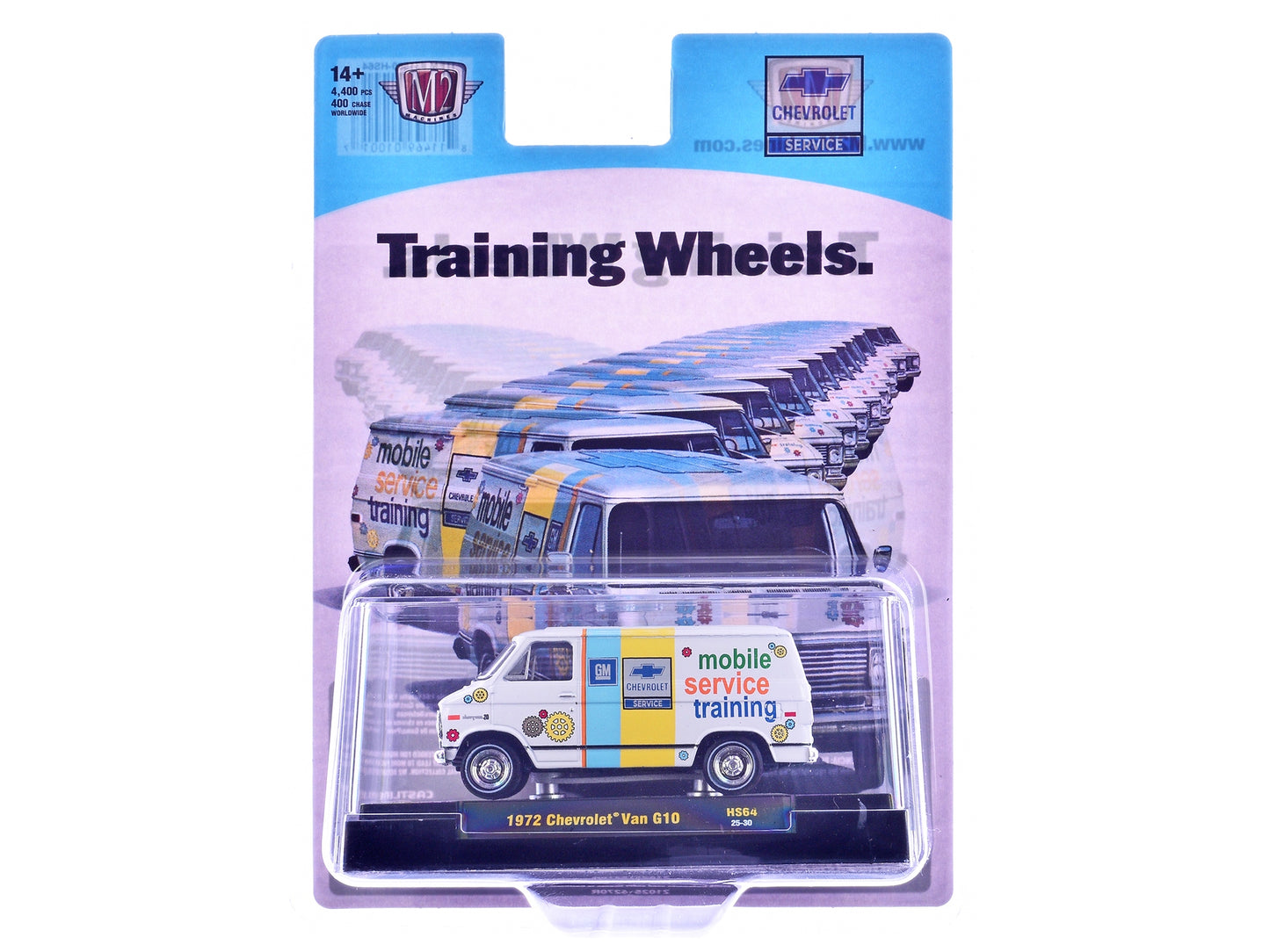 White 1972 Chevrolet G10 Van diecast model by M2, featuring "Chevrolet Mobile Service Training" graphics, limited edition 1/64 scale.
