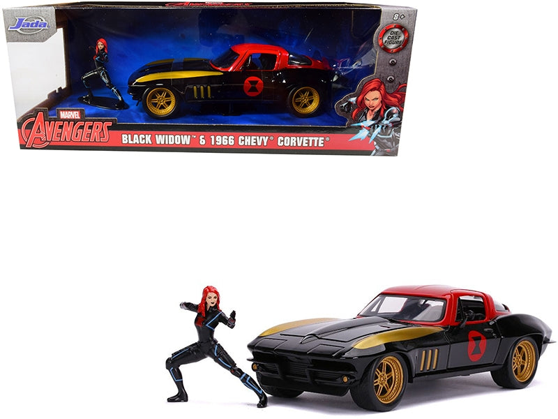 1966 Chevrolet Corvette diecast model by Jada with Black Widow Marvel figurine, detailed 1/24 scale Avengers series car.