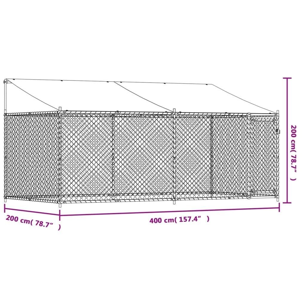 Gray galvanized steel dog cage with roof and door, measuring 13.1x6.6x6.6 feet, from American Smart Dog Supplies.