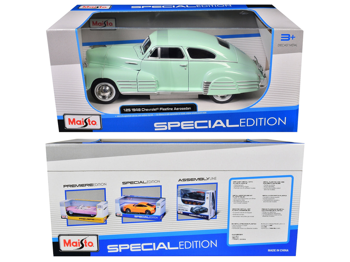 Light green 1/25 scale 1948 Chevrolet Fleetline Aerosedan diecast model car by Maisto, detailed view of the classic vehicle.