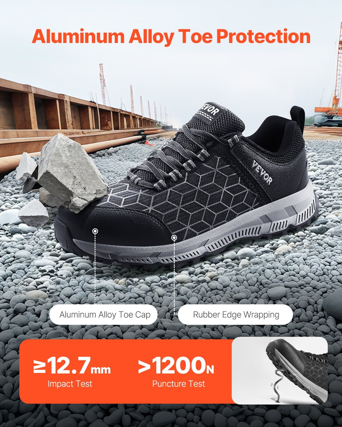 Black men's steel toe work shoes by American Smart WB, US size 8.5, lightweight, breathable safety sneakers, athletic construction footwear.
