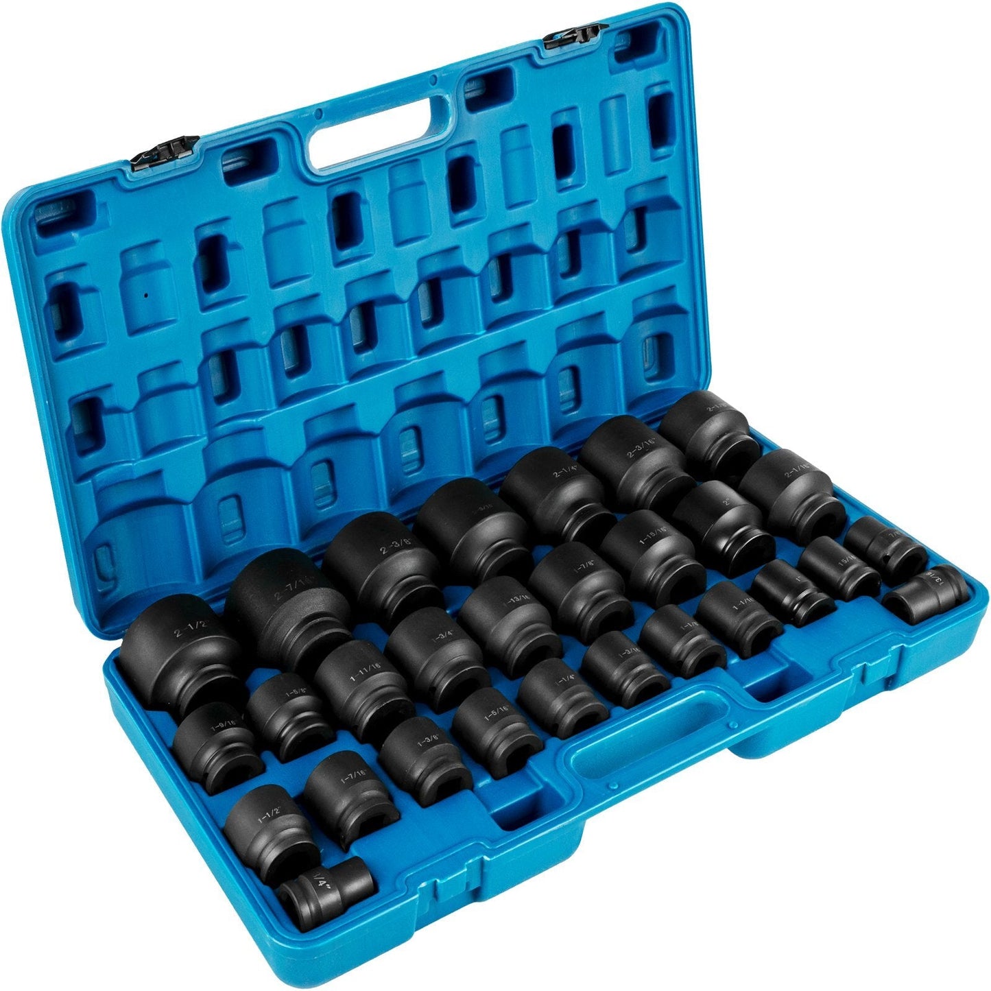 American Smart 3/4-inch impact socket set with 29 6-point impact SAE sockets and storage cage, rugged CR-M0 construction.