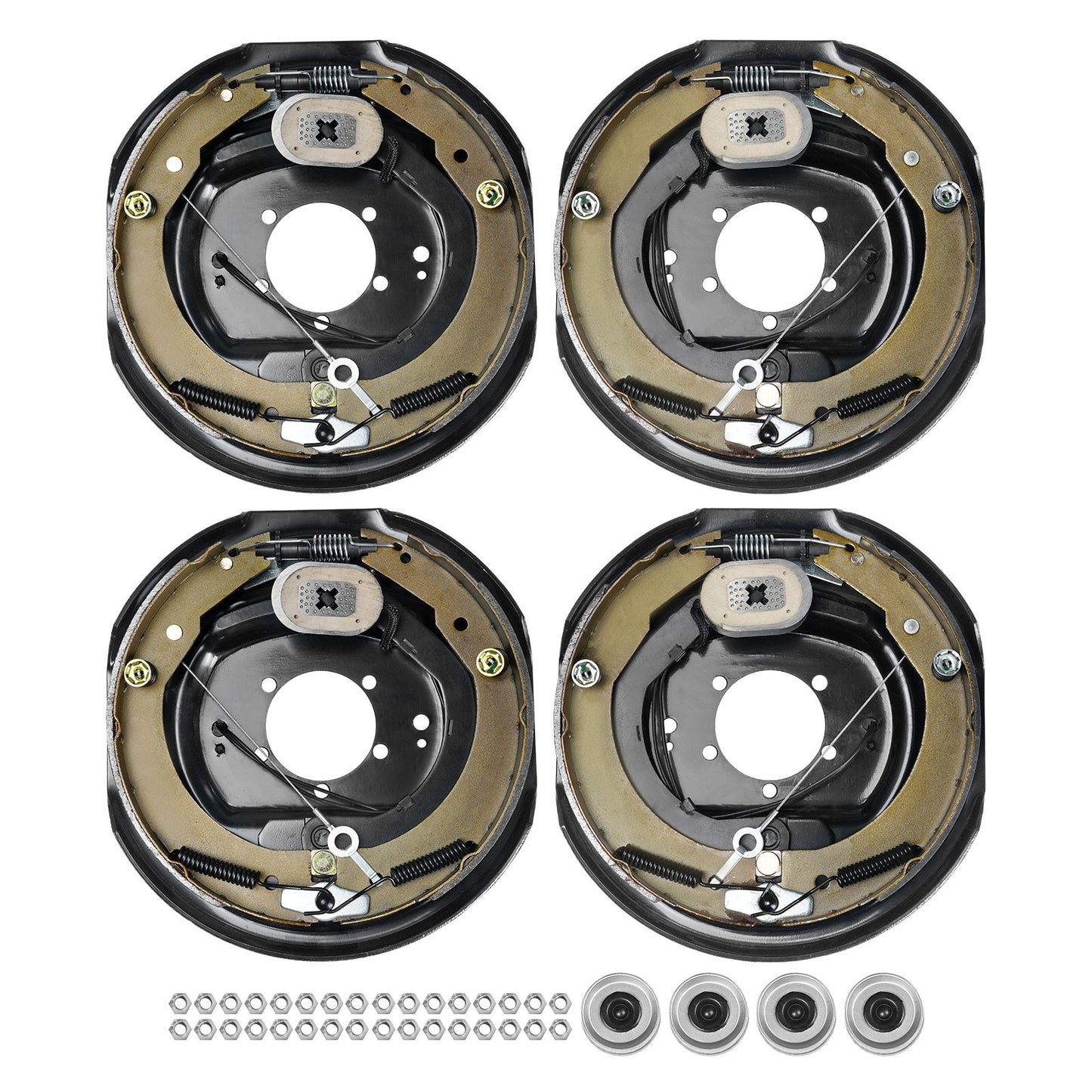 American Smart electric trailer brake assembly set with 12-inch self-adjusting brakes for 7000 lbs axles, includes 2 right and 2 left backing plates.