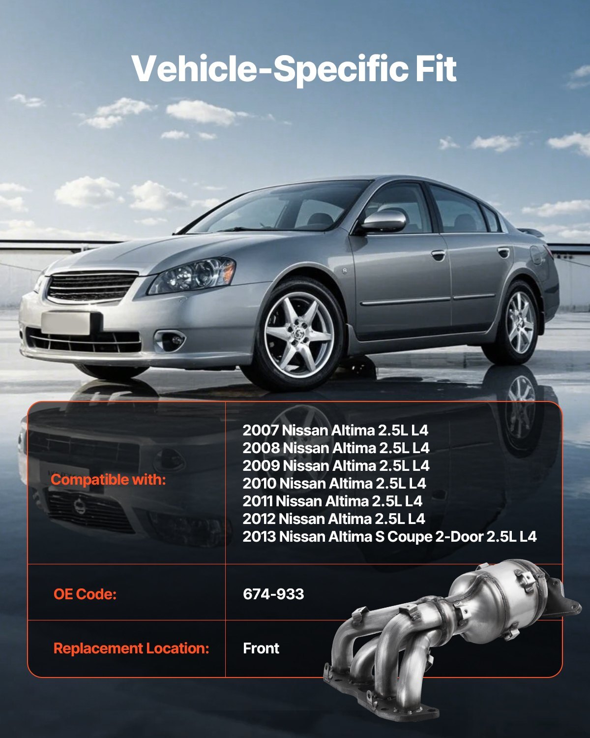 Stainless steel catalytic converter for Nissan Altima 2007-2013, 2.5L L4, front replacement, high flow exhaust gas purifier.