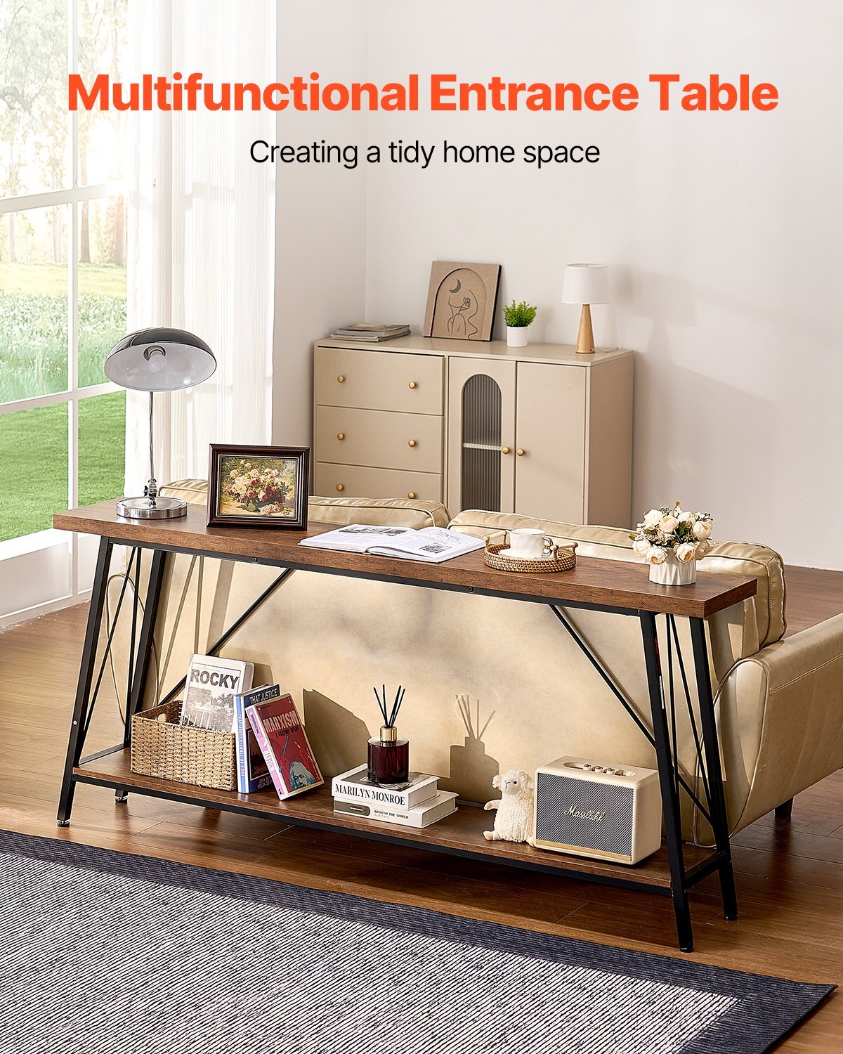 American Smart narrow console sofa table, 70.9 inches long with 2 tiers, metal frame for entryway, hallway, or living room.
