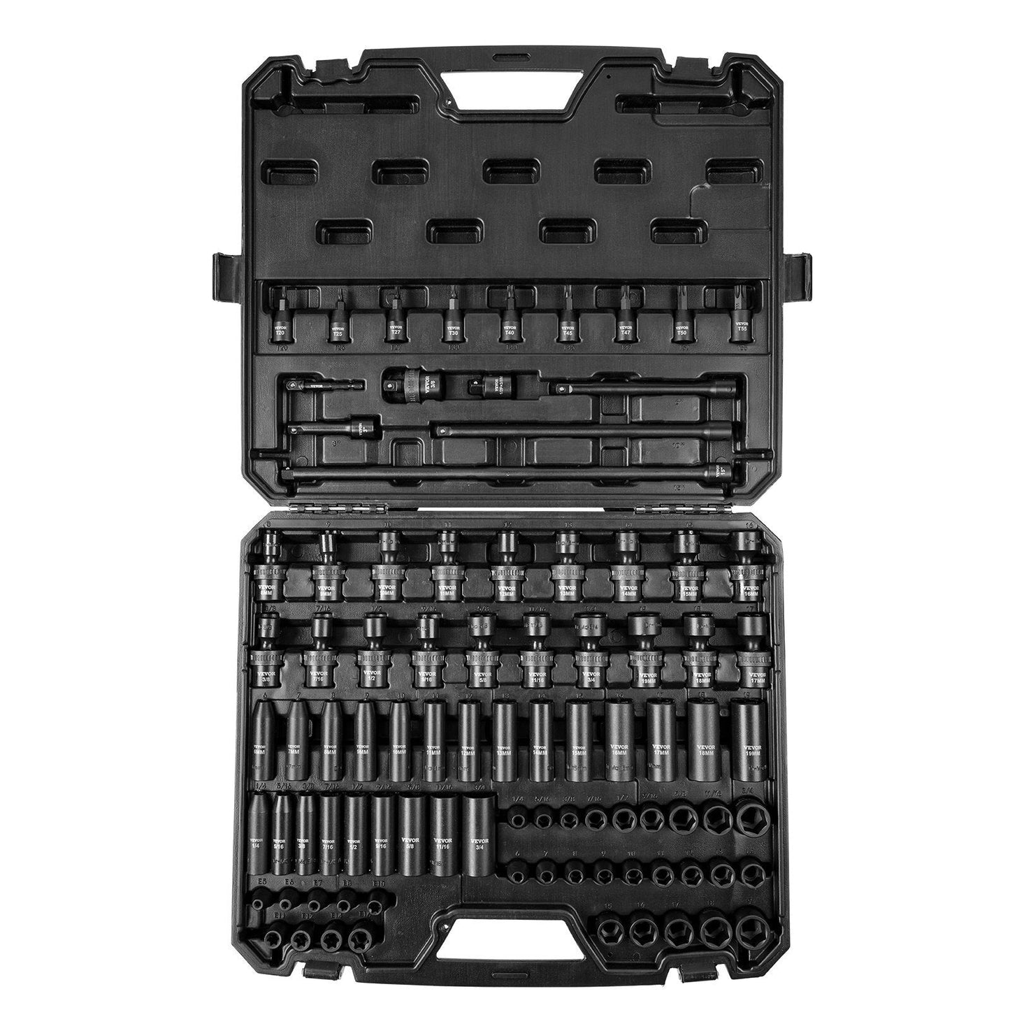 American Smart 3/8" Drive Impact Socket Set with 90 SAE and metric 6-point sockets, includes extension bars and storage case.