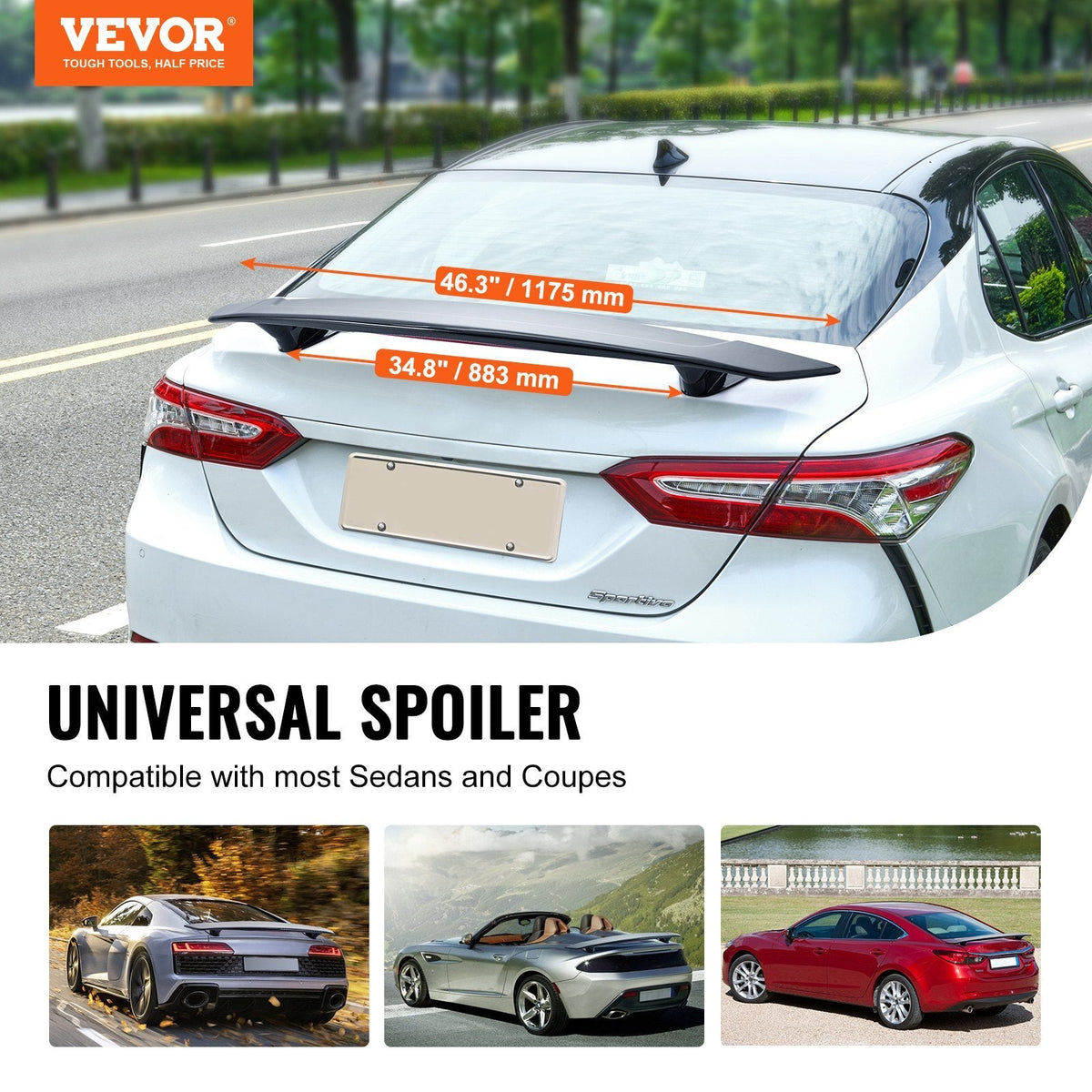 Glossy black GT Wing car spoiler by American Smart, 46.3-inch universal rear spoiler for sedans and coupes, high-strength ABS.