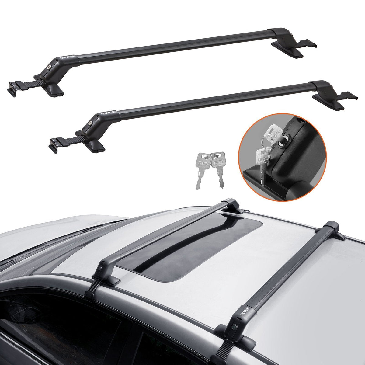 American Smart WB aluminum roof rack cross bars on a vehicle roof, adjustable with locks, suitable for SUVs, sedans, and vans.