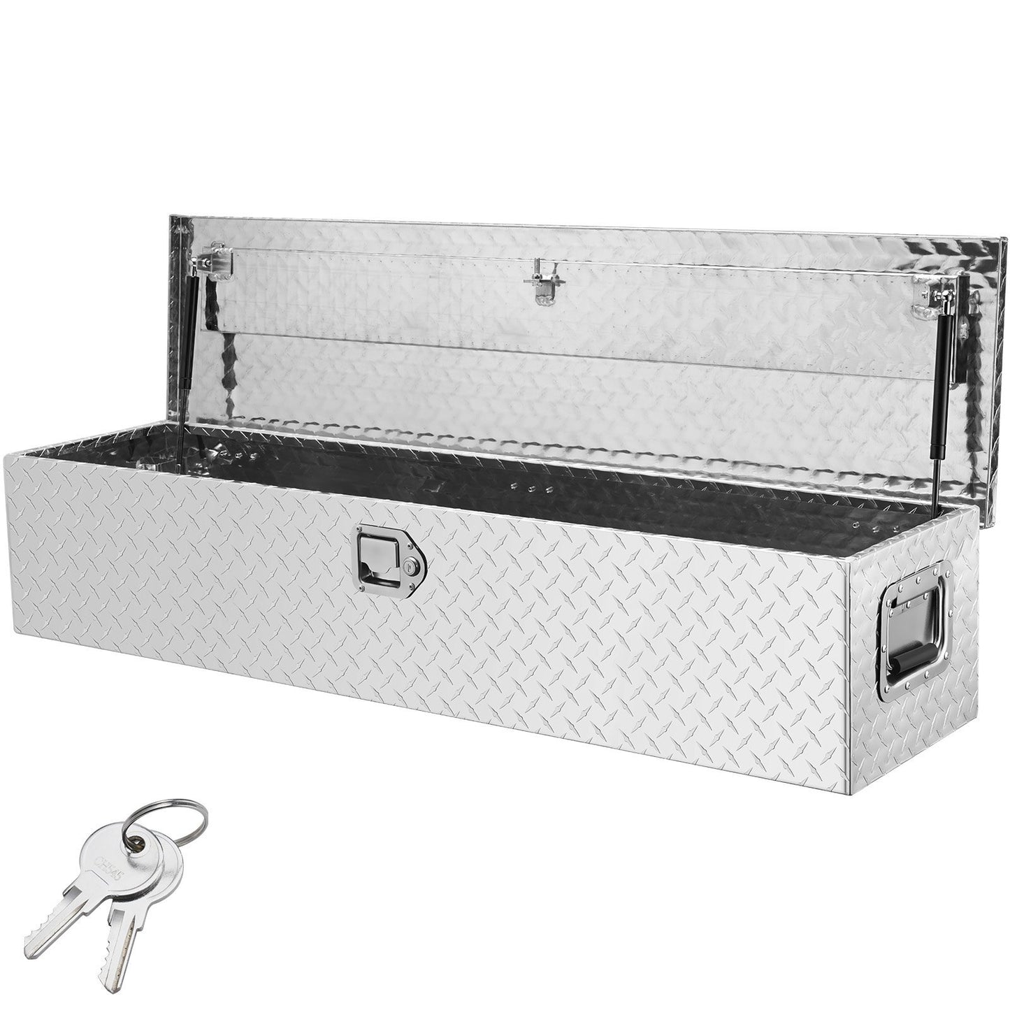 Heavy duty aluminum truck bed tool box with diamond plate finish, side handle, lock, and keys for pickup, RV, trailer, 48"x15"x15" silver.