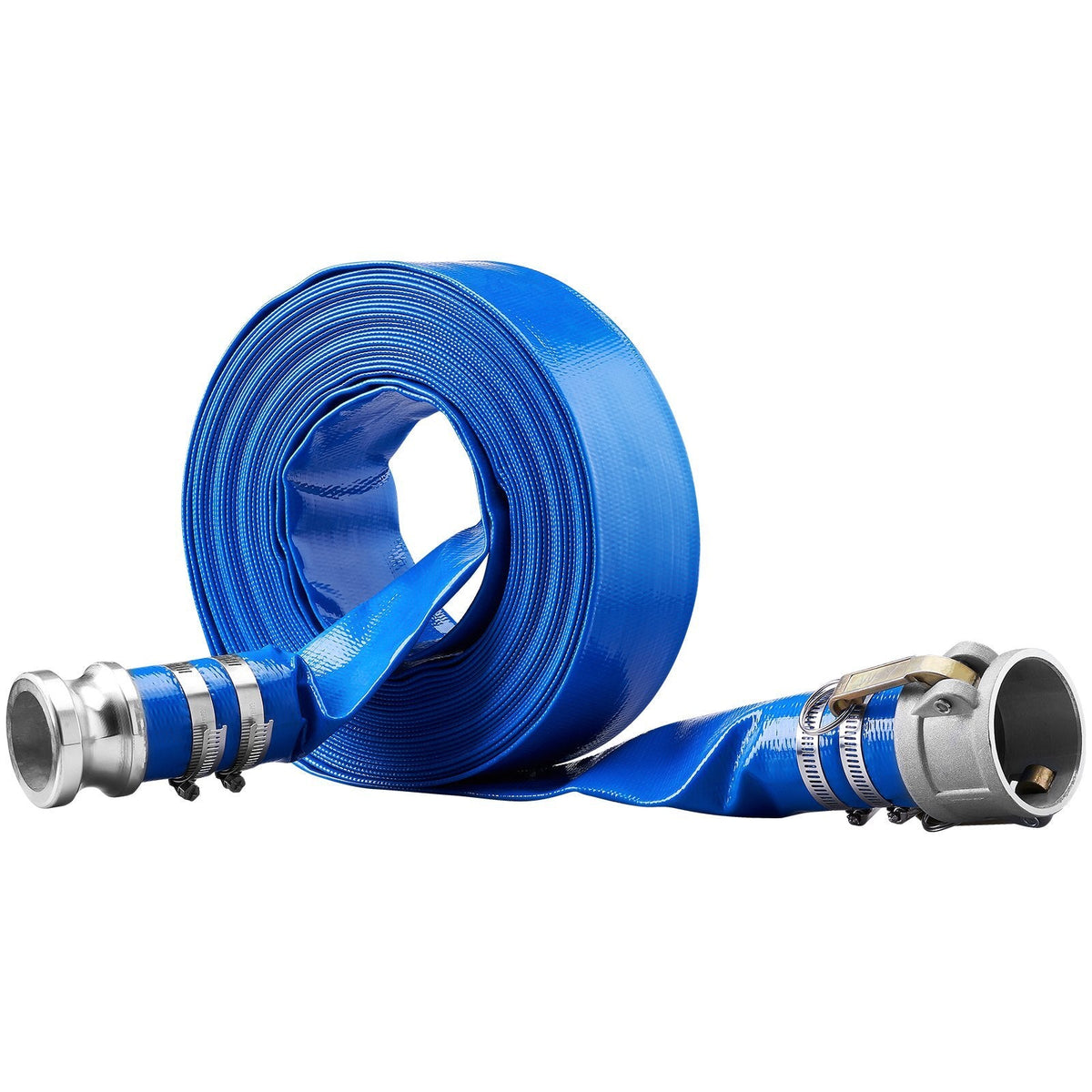 Blue 2-inch by 50 ft pool drain hose made of durable PVC with aluminum camlock connectors, ideal for pool water removal.