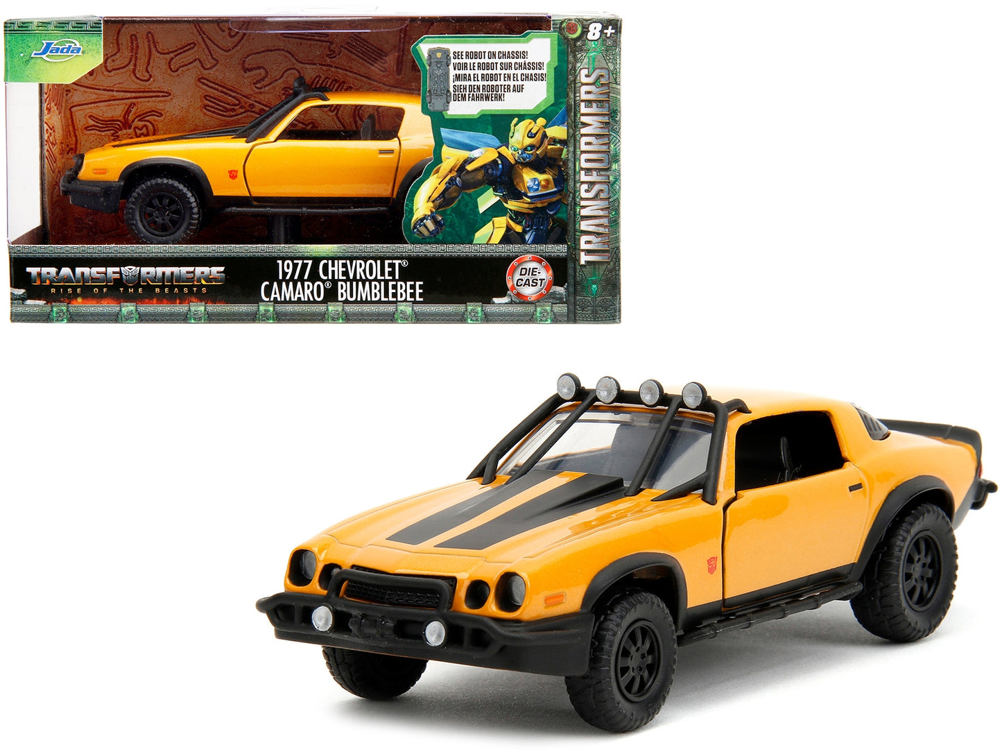 Yellow metallic 1977 Chevrolet Camaro off-road diecast model with black stripes from Jada's Hollywood Rides series, 1/32 scale.
