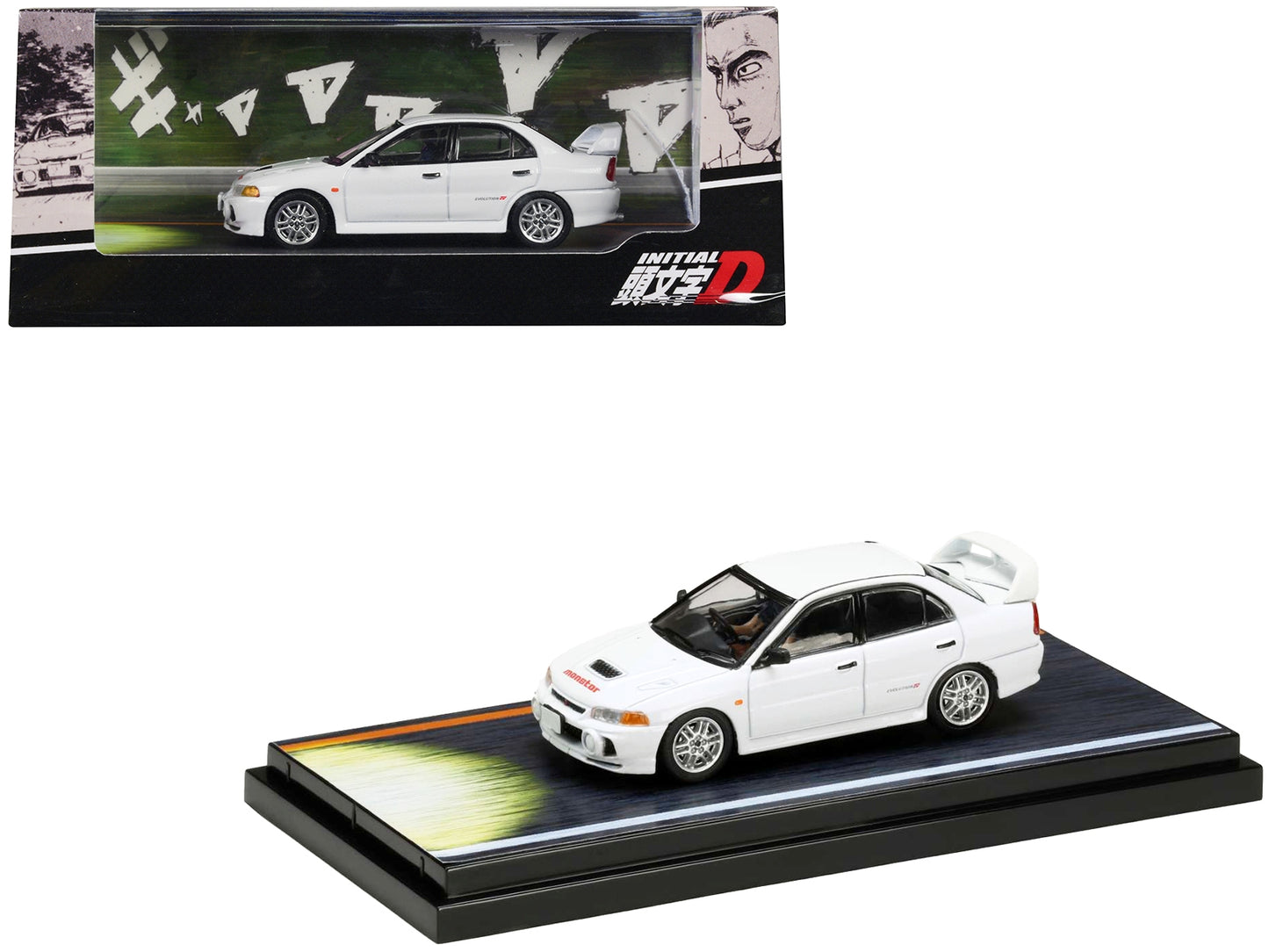 White Mitsubishi Lancer RS Evolution IV RHD model car with Seiji Iwaki figure from Initial D manga, 1/64 diecast by Hobby Japan.