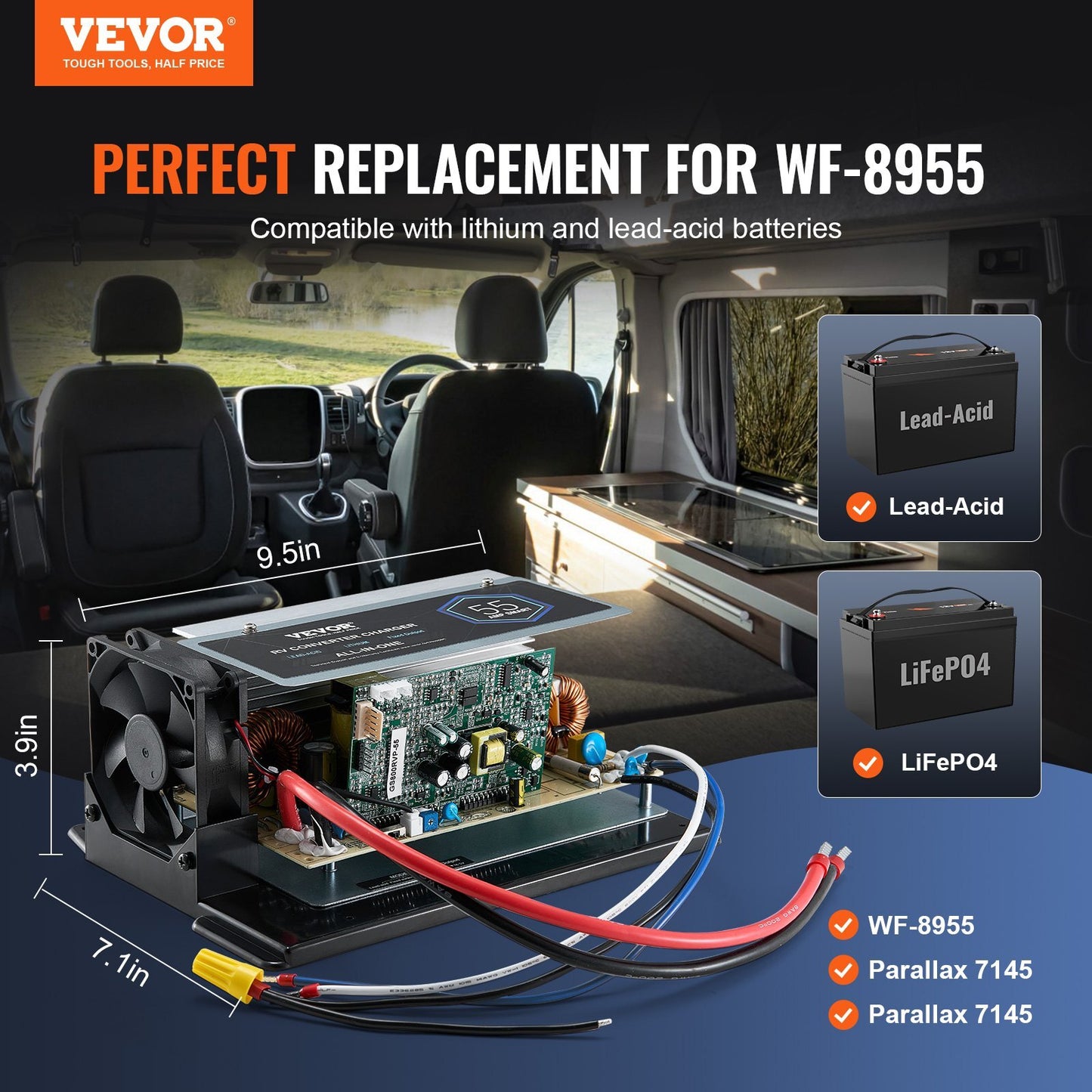 American Smart WB WF-8955-AD-MBA main board assembly for RV power converters, suitable for lithium and lead-acid batteries.