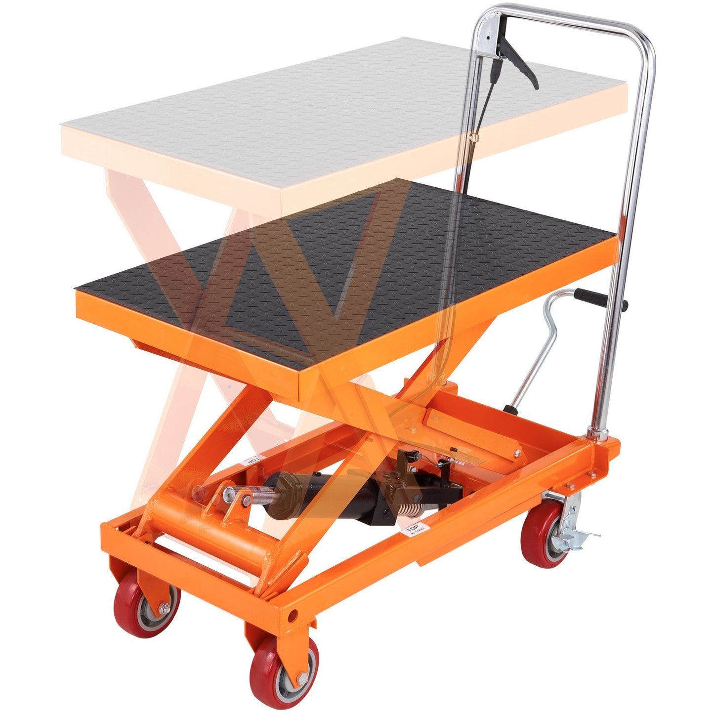 American Smart hydraulic lift table cart with 1100lb capacity, adjustable height, four wheels, and non-slip pad for material handling.