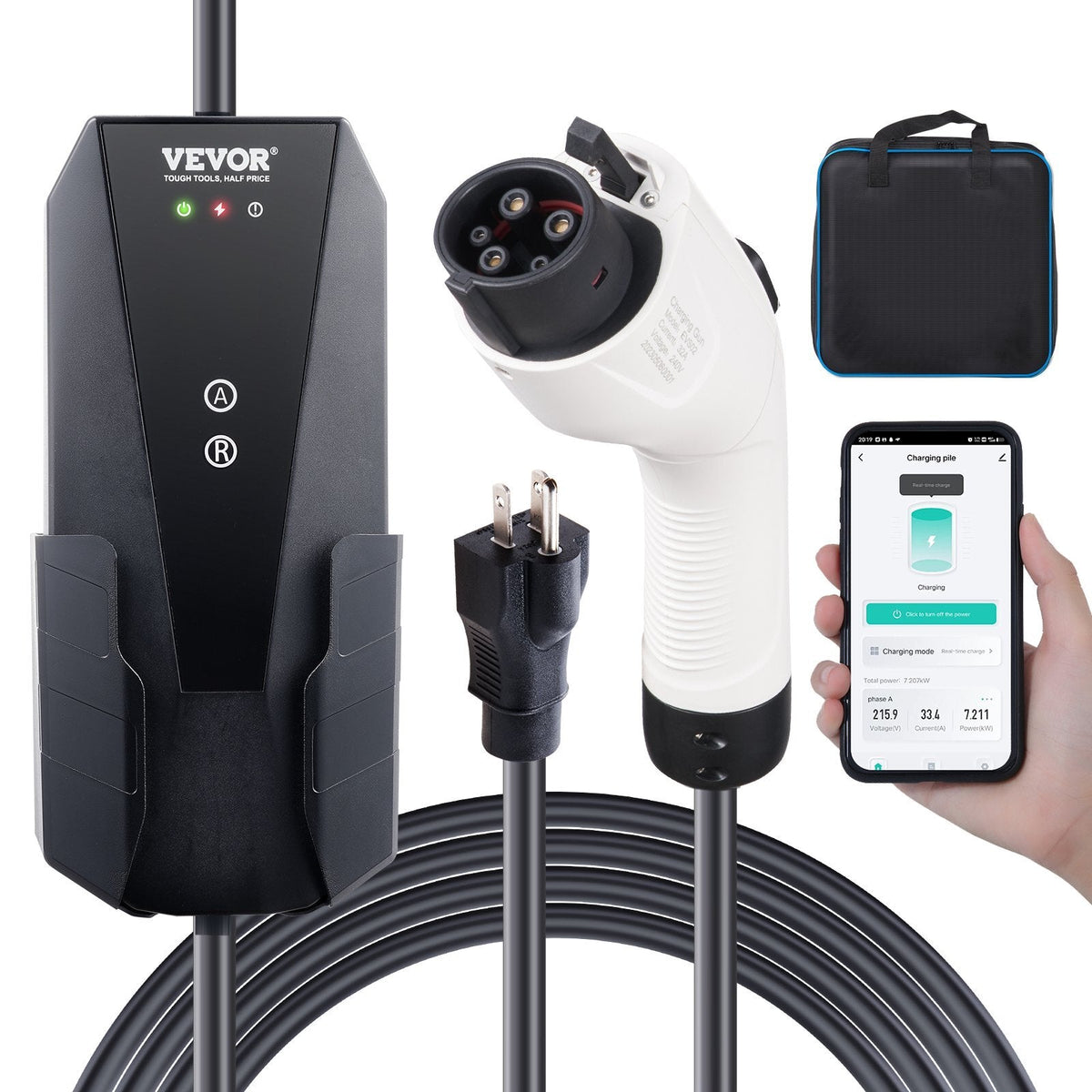 American Smart Level 1+2 portable EV charger with 28-foot cable, NEMA plugs, for SAE J1772 electric vehicles.