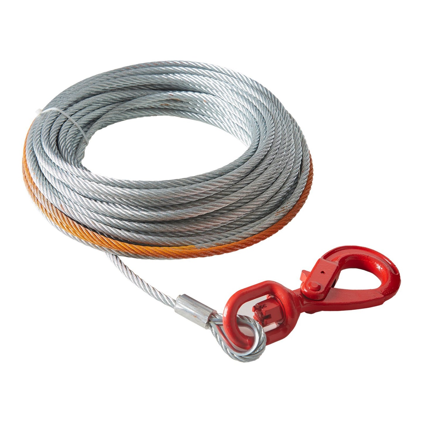 Galvanized steel winch cable with swivel hook, 3/8 inch x 50 feet, heavy-duty towing rope for SUVs and off-road trucks.