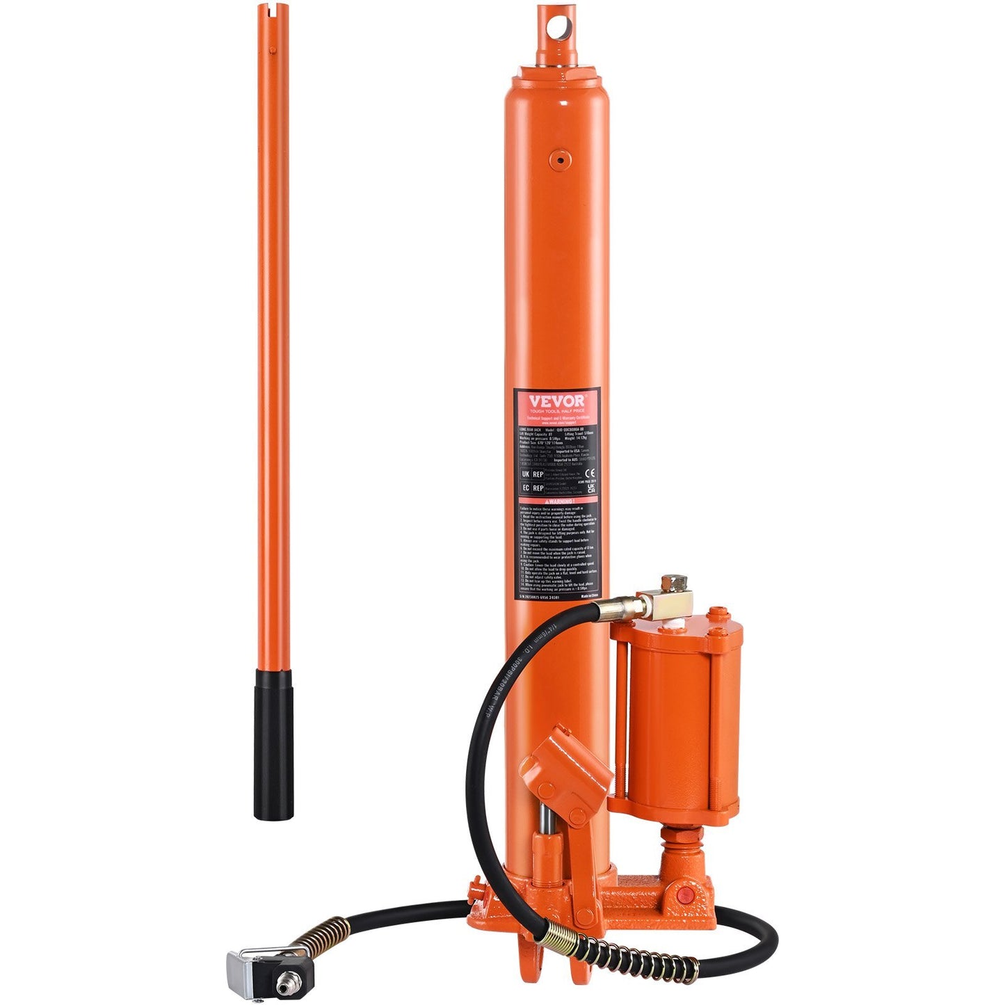 American Smart 8 Ton hydraulic long ram jack with air pump, single piston, clevis base for engine lifting and garage or farm use.