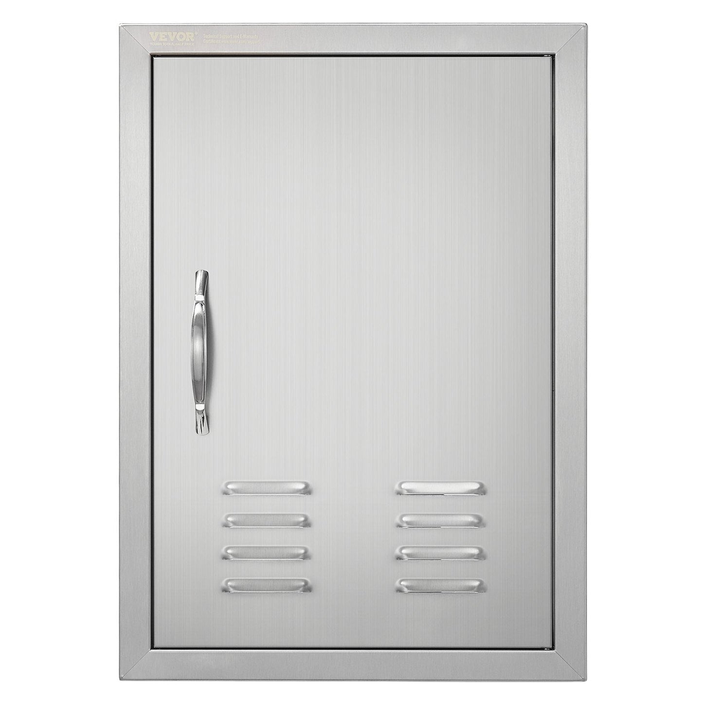Stainless steel outdoor BBQ access door with handle, vents, and hook for outdoor kitchen or grilling station, 17W x 24H inches.
