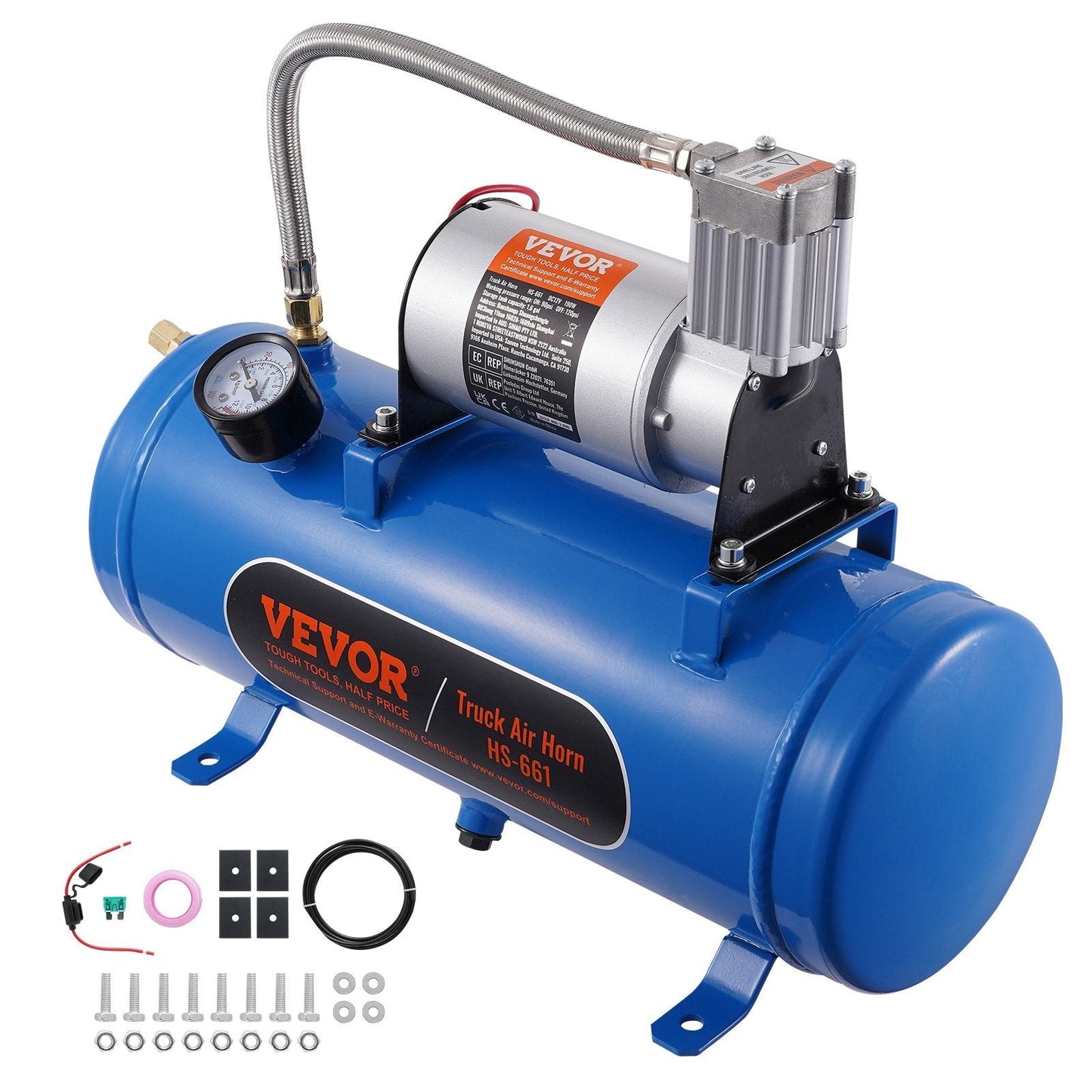 American Smart 12V truck air compressor with tank, 6L capacity, 120 psi, used for train horns, tire inflation, and air mattresses.