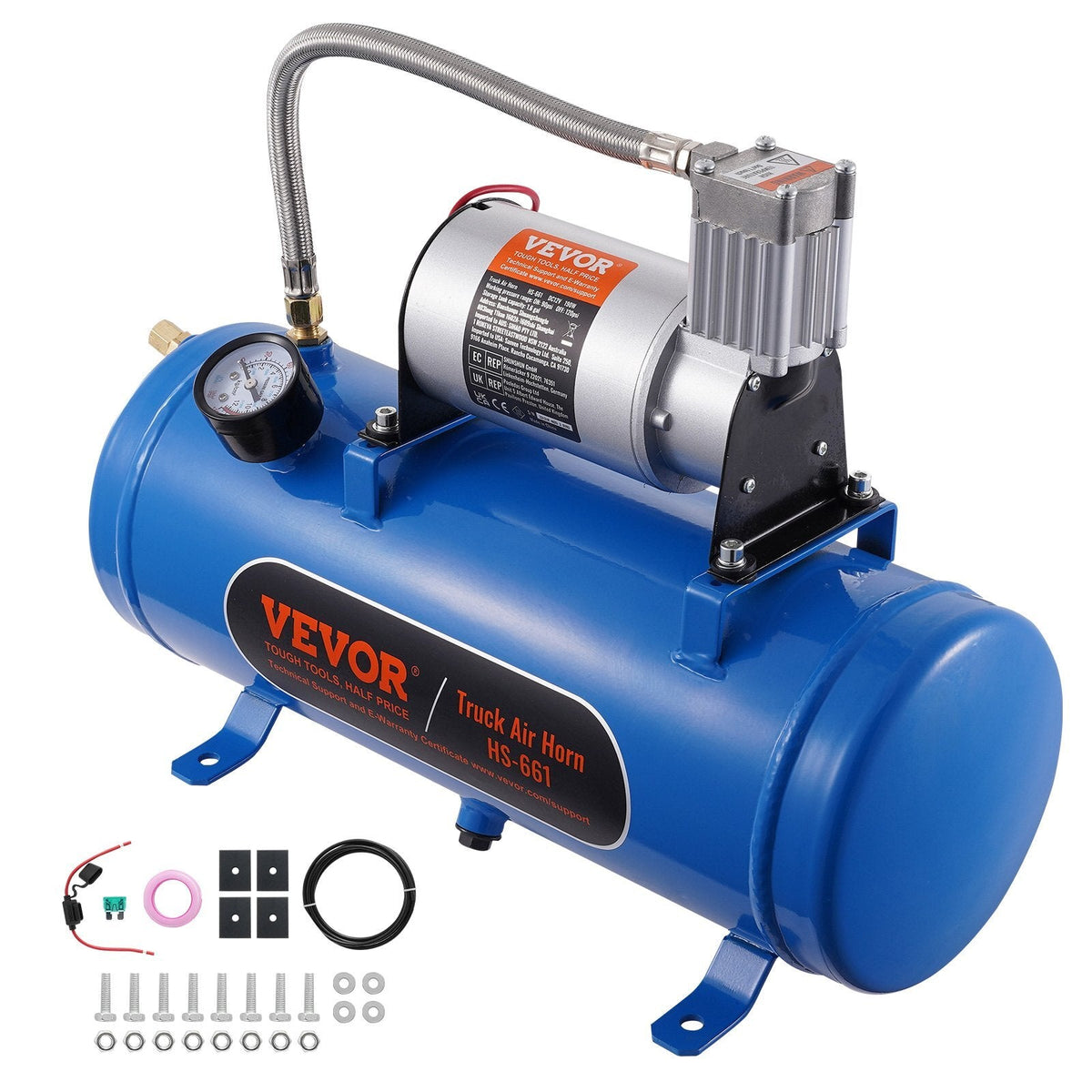 American Smart 12V truck air compressor with tank, 6L capacity, 120 psi, used for train horns, tire inflation, and air mattresses.