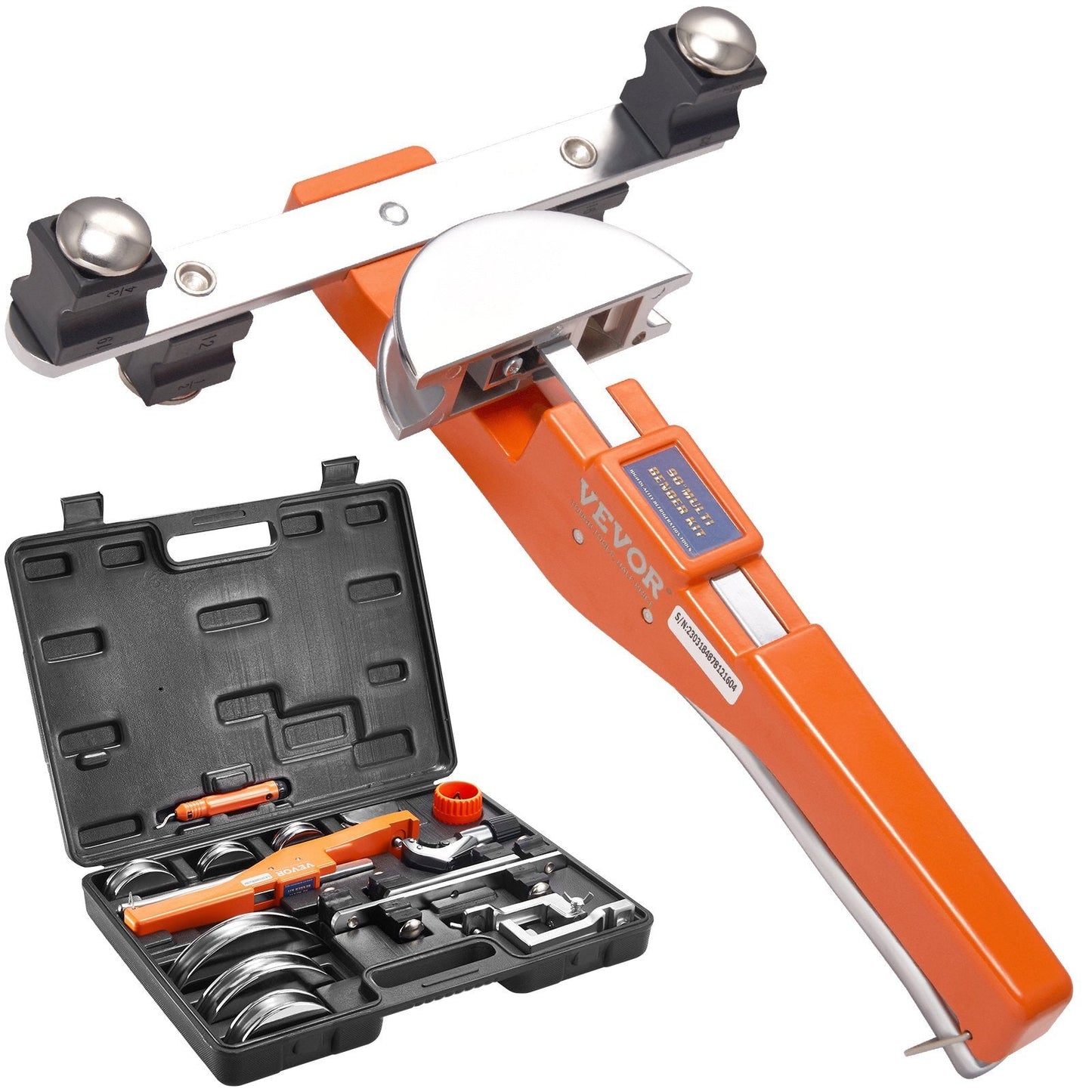 American Smart pipe and tube bender for HVAC, with ratcheting handle, 7 dies, and pipe cutter for bending 1/4" to 7/8" O.D. pipes.