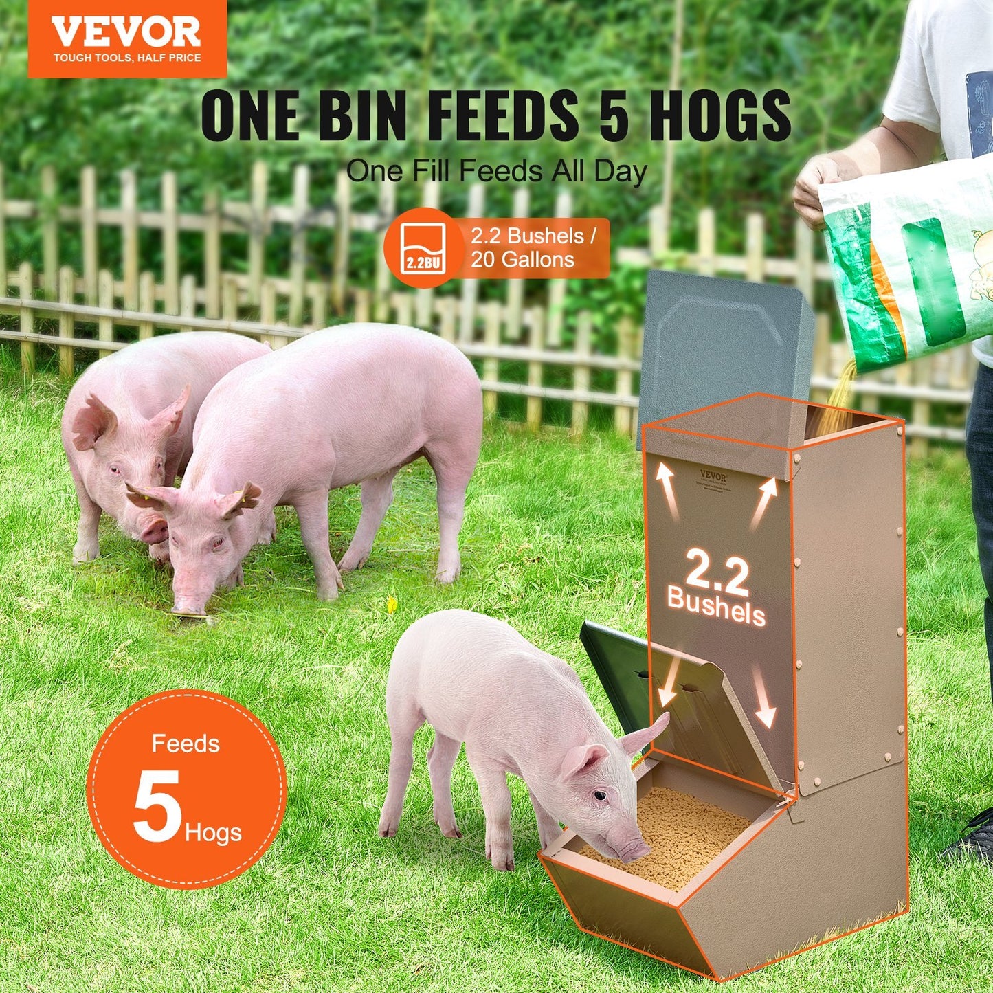 American Smart hog feeder with 2.2 bushel capacity, heavy-duty steel, single door, suitable for piglets and outdoor livestock feeding