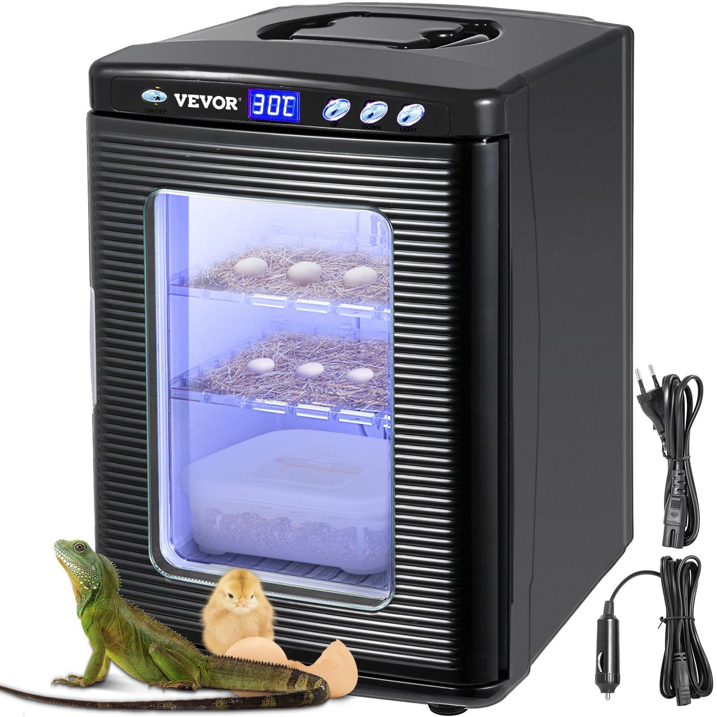 Black 25L reptile egg incubator with LED display, adjustable temperature, and hatch tray for small animal incubation.