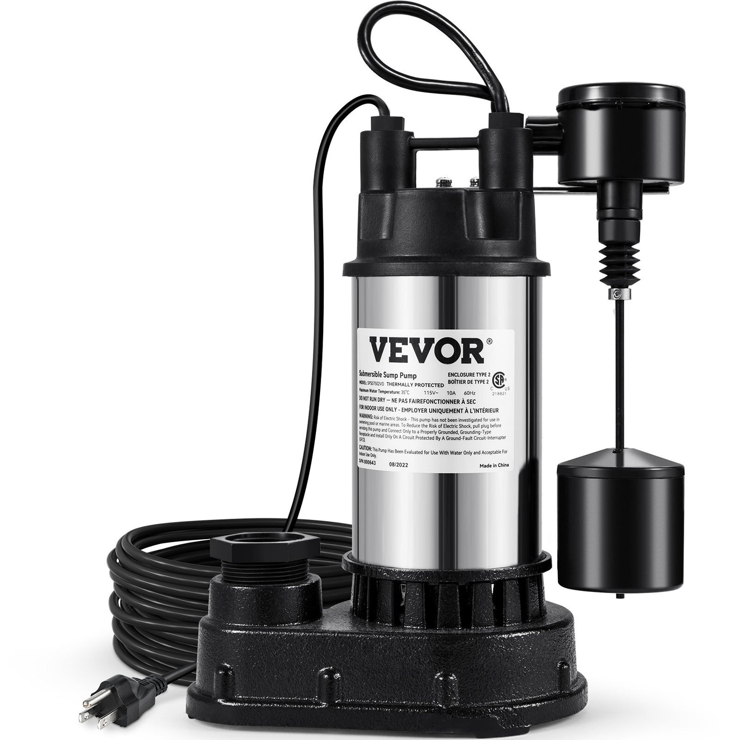 American Smart 1.5 HP submersible sewage sump pump with cast iron and steel, 6000 GPH, vertical float switch, for basement flooding