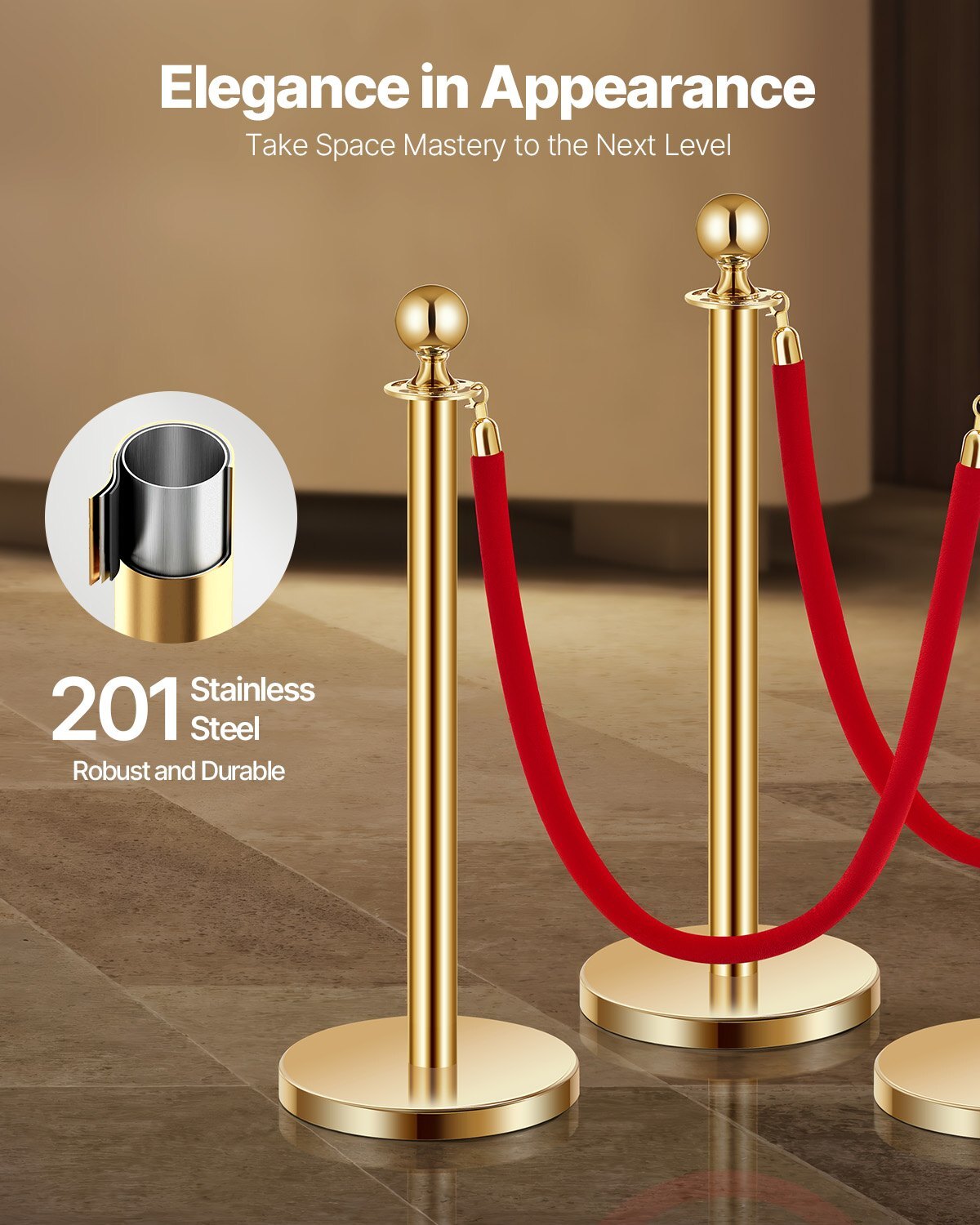Stanchions and Velvet Ropes 8Pcs, Hollow Base with Stainless Steel Post, 6 Red Velvet Ropes and Posts, Crowd Control Barriers Gold Stanchions, Red Carpet Runner Poles for Party Supplies