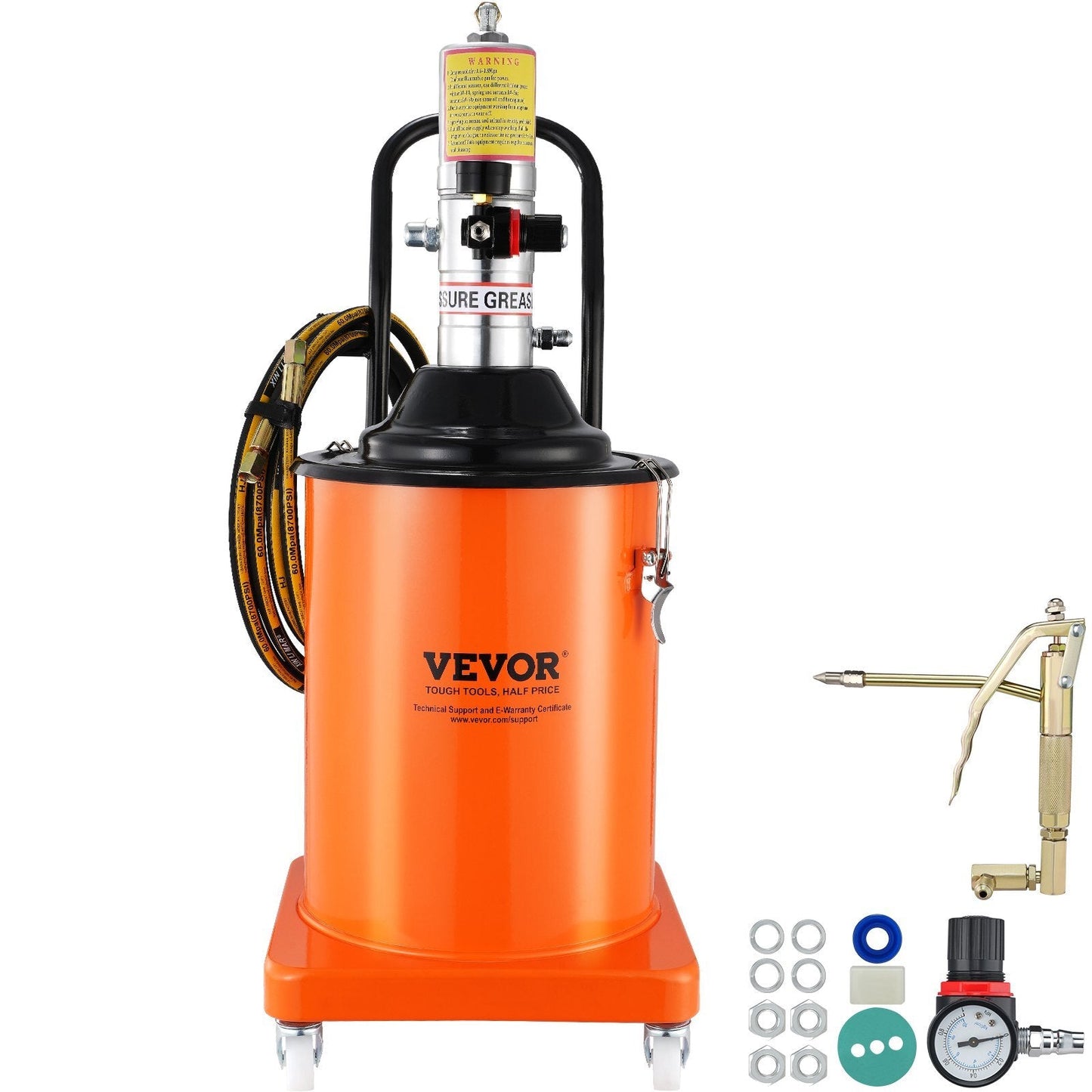 American Smart 5-gallon air-operated grease pump with 13 ft hose, wheels, and grease gun for portable pneumatic lubrication.