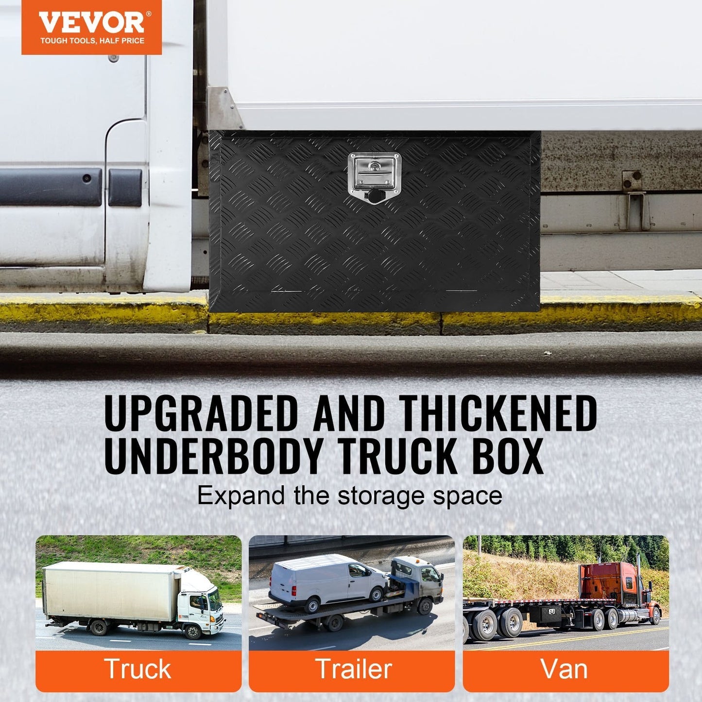 American Smart heavy-duty aluminum underbody truck tool box with lock, T-handle latch, waterproof trailer storage for trucks and trailers.