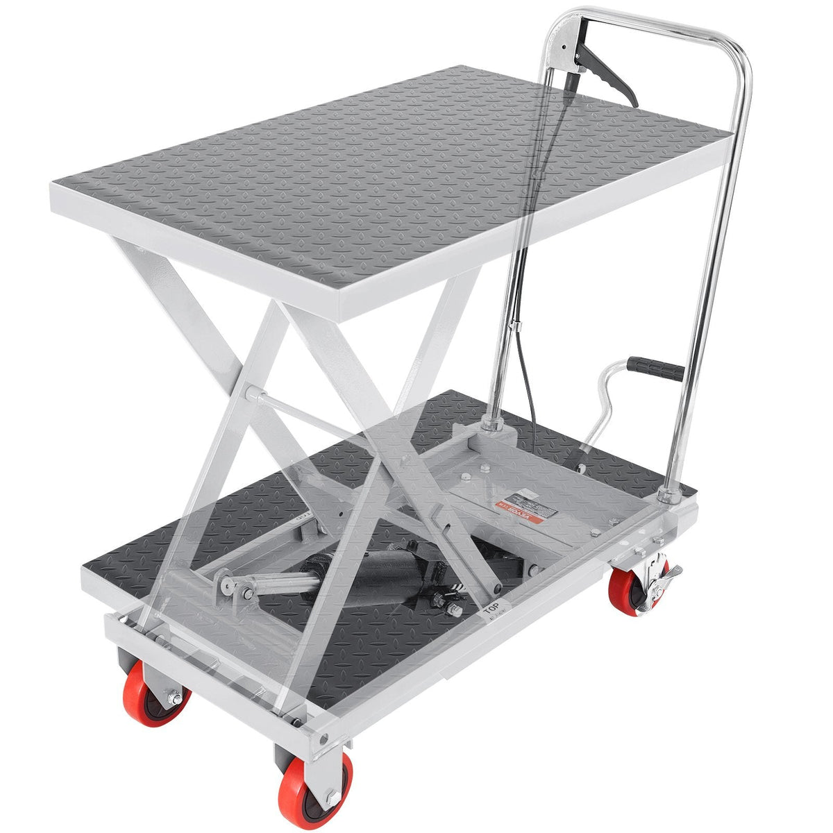 Gray hydraulic lift table cart by American Smart with 500lbs capacity, 28.5-inch lift height, four wheels, and non-slip pad.