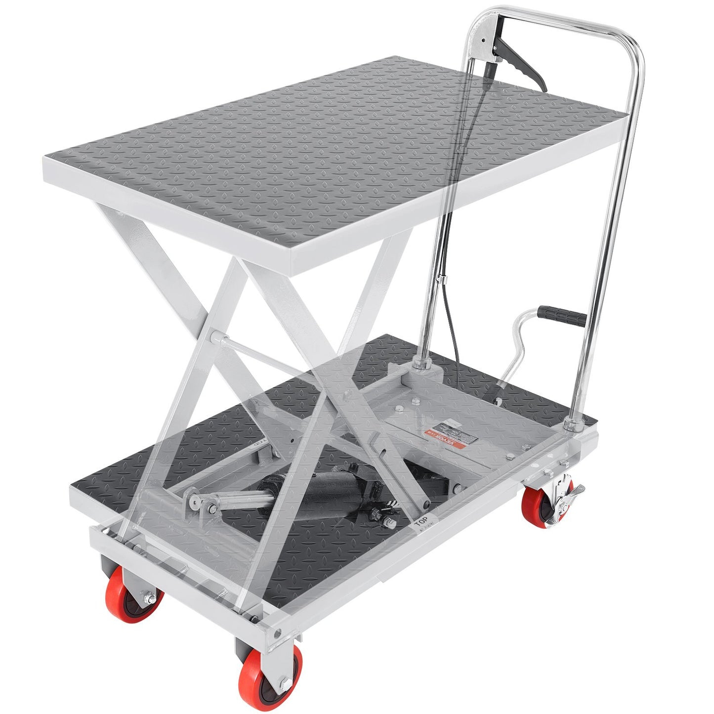 Gray hydraulic lift table cart by American Smart with 500lbs capacity, 28.5-inch lift height, four wheels, and non-slip pad.