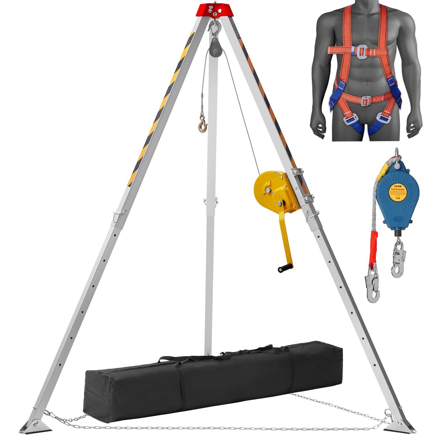 American Smart confined space tripod kit with 7-foot legs, 98-foot cable, rescue winch, safety harness, and storage bag.