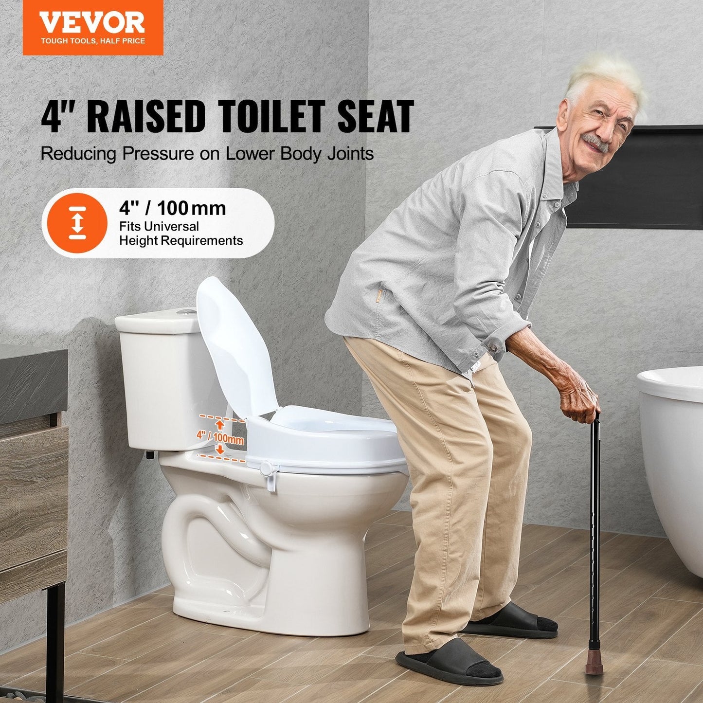 Raised toilet seat by American Smart with 4-inch height, screw lock, universal fit, supports up to 300 lbs, ideal for elderly and disabled.