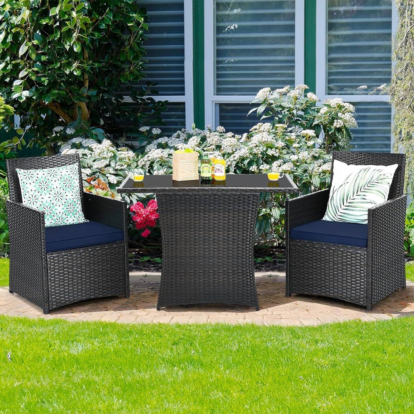 3-piece outdoor patio furniture set by American Smart featuring brown PE rattan frames and navy blue cushions, ideal for outdoor dining.