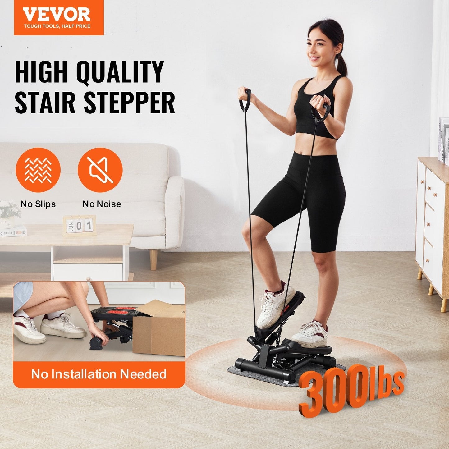 American Smart mini stair stepper with resistance bands, LCD monitor, hydraulic legs, compact cardio equipment for full body workout.